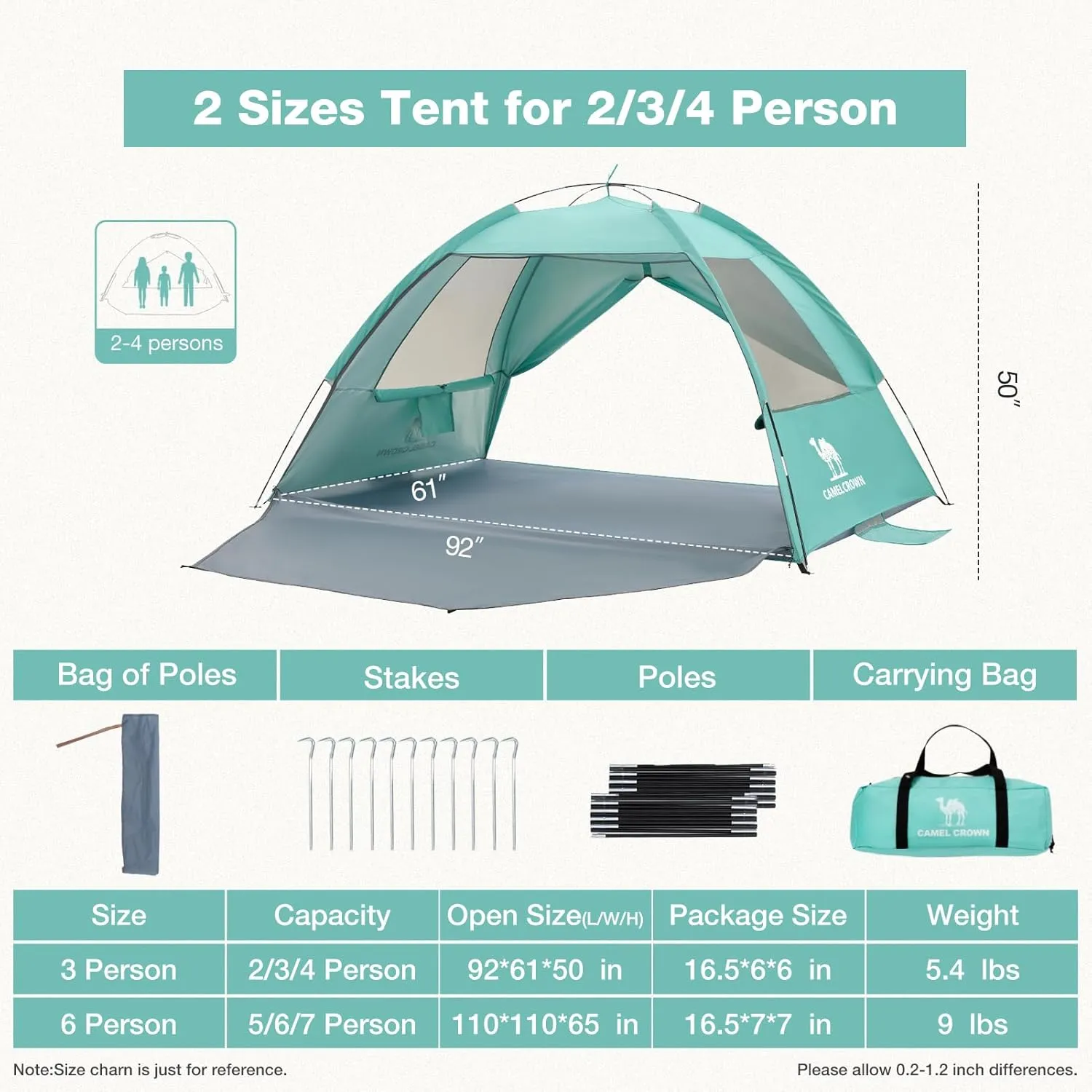 CAMEL CROWN Beach Tent UPF 50  Sun Shelter for 2/3/5/6 Person, Lightweight Portable Sun Shade with Sand Anchor, Family Beach Day & Outdoor Adventures