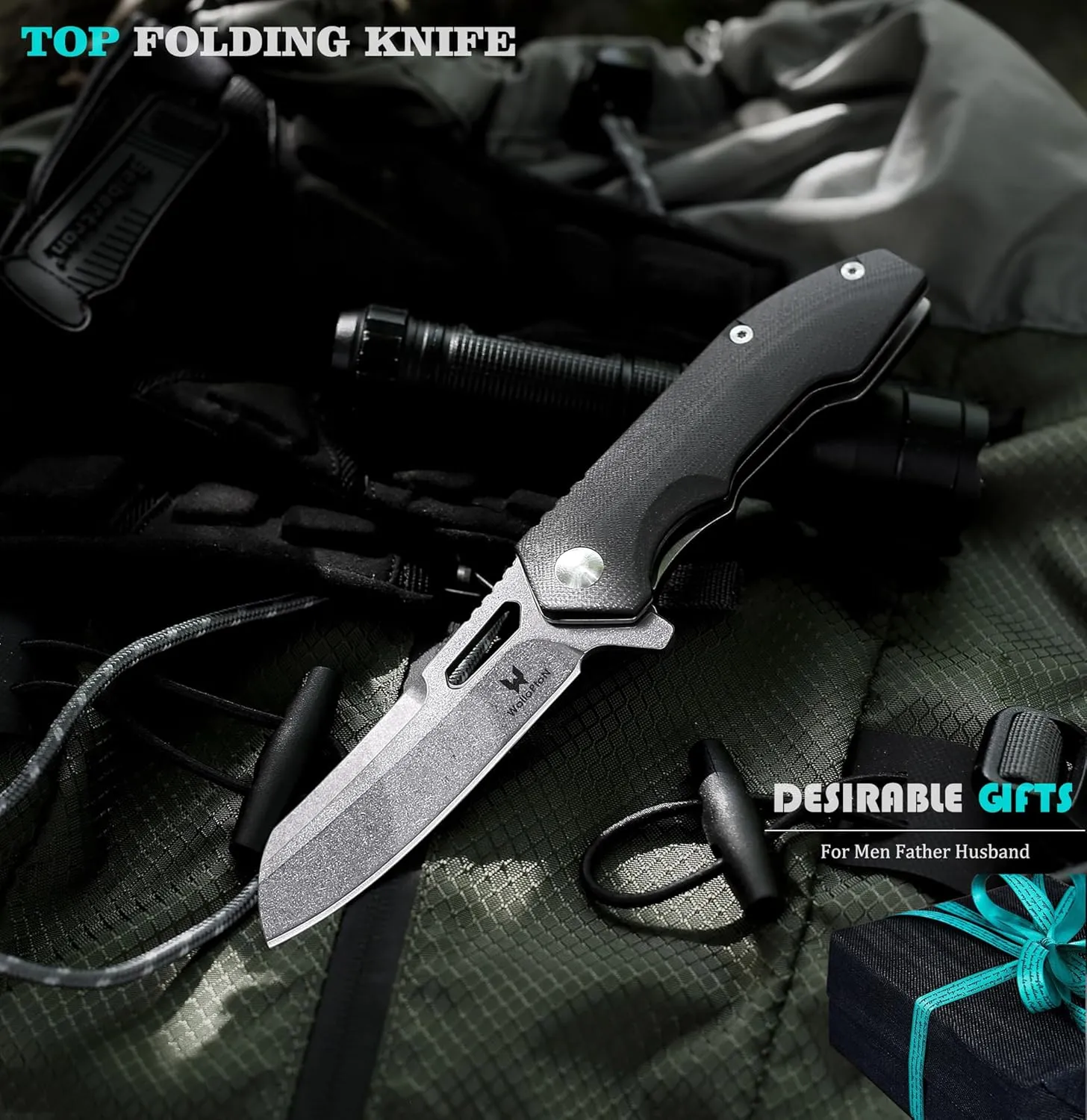 Camping Folding Knife - S35VN Powder Steel G10 Handle Comfortable Grip - Great for Cutting Hunting Hiking Survival, Father’s Day Gifts for Men Husband Dad. Include Sheath & Screwdriver