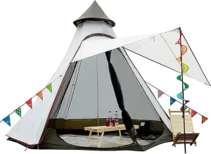 Camping Pyramid Teepee Tent Adult Tipi Tent Double Layers Indian Tent Yurt Tent Tower Post Bell Tent for Outdoor Family Trip (Black) (White)