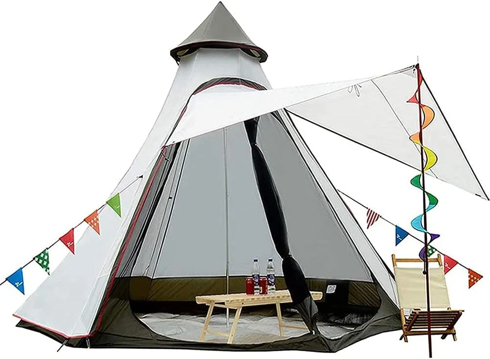 Camping Pyramid Teepee Tent Adult Tipi Tent Double Layers Indian Tent Yurt Tent Tower Post Bell Tent for Outdoor Family Trip (Black) (White)