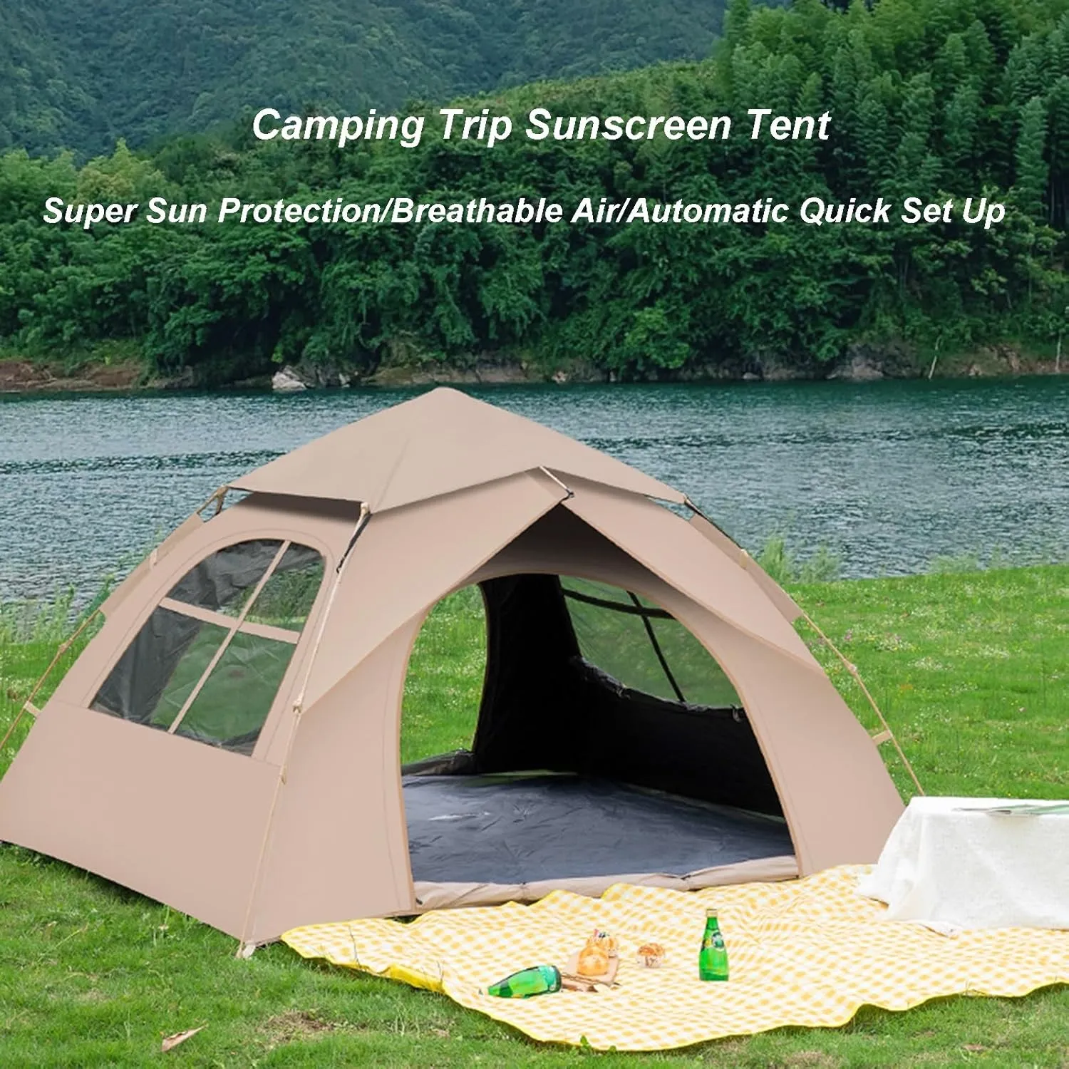 Camping Tent Outdoor 3-4 Person Automatic Instant Pop-Up Portable Folding Camping Tent 2 Door 2 Windows Picnic Camping Thickened Rainproof Tent with Storage Bag