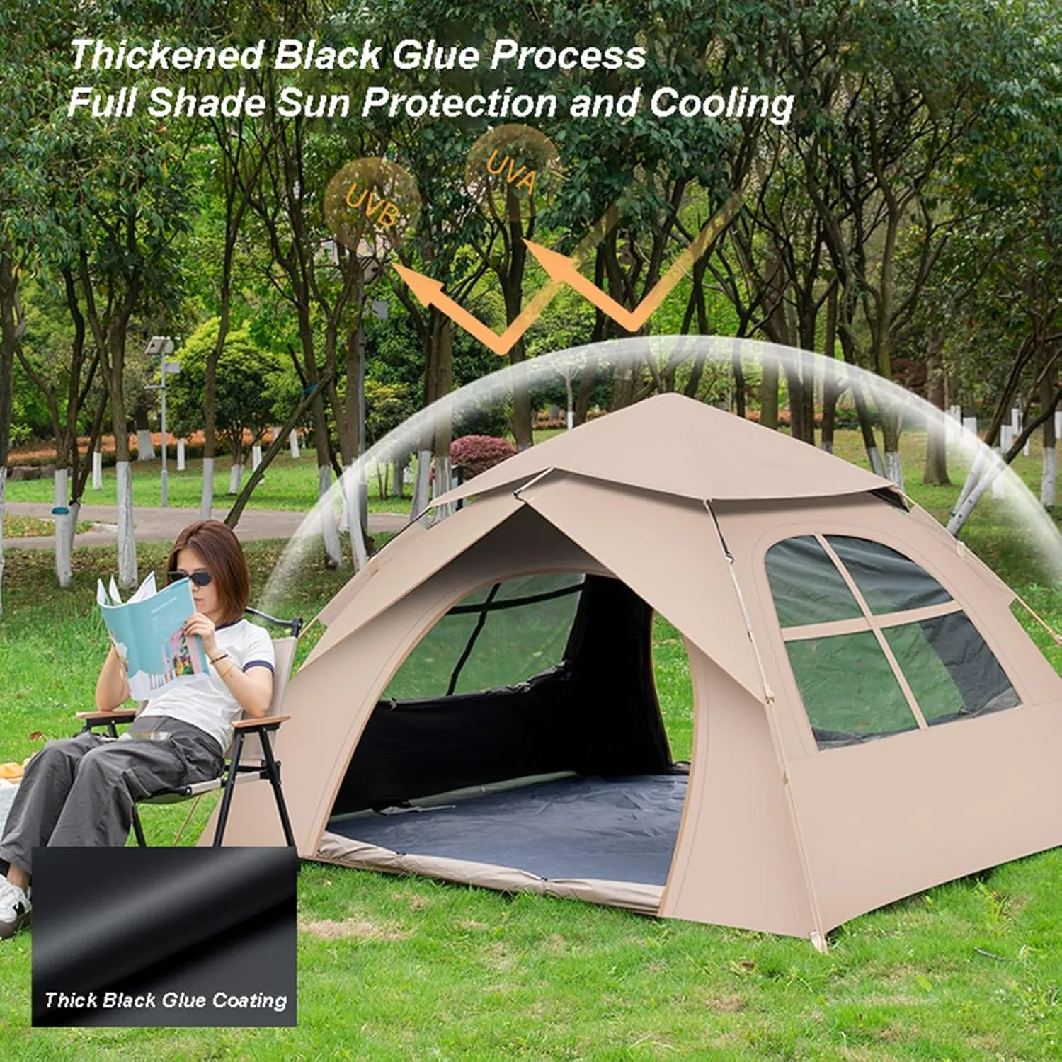 Camping Tent Outdoor 3-4 Person Automatic Instant Pop-Up Portable Folding Camping Tent 2 Door 2 Windows Picnic Camping Thickened Rainproof Tent with Storage Bag
