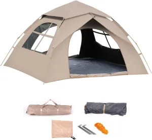 Camping Tent Outdoor 3-4 Person Automatic Instant Pop-Up Portable Folding Camping Tent 2 Door 2 Windows Picnic Camping Thickened Rainproof Tent with Storage Bag