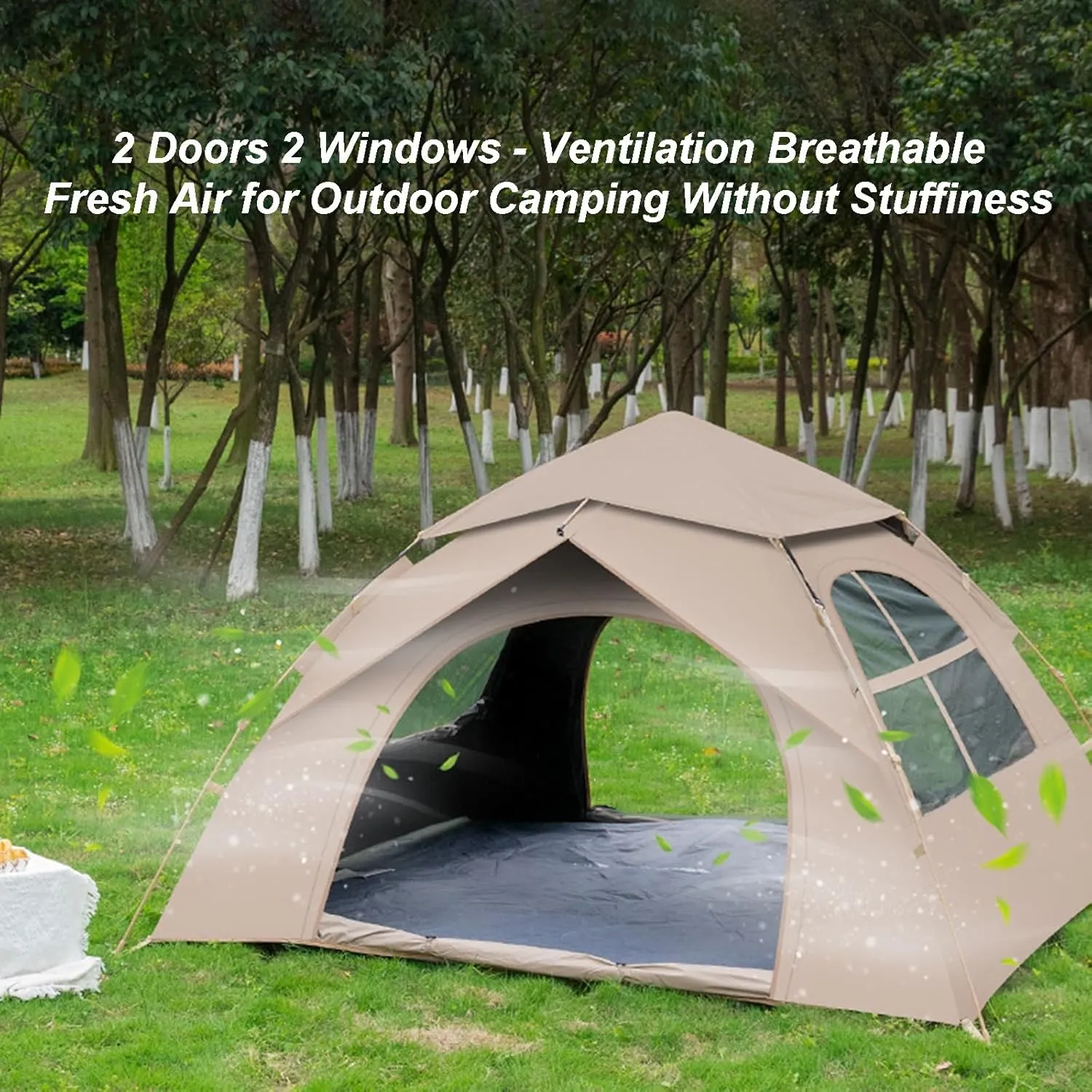 Camping Tent Outdoor 3-4 Person Automatic Instant Pop-Up Portable Folding Camping Tent 2 Door 2 Windows Picnic Camping Thickened Rainproof Tent with Storage Bag