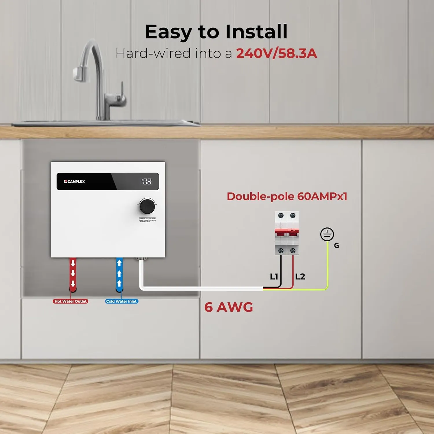 CAMPLUX Tankless Water Heater Electric 14kW 240 Volt, On Demand Instant Hot Water Heater with Self-Modulating Save Energy, Save Sapce, ETL Certificated, White