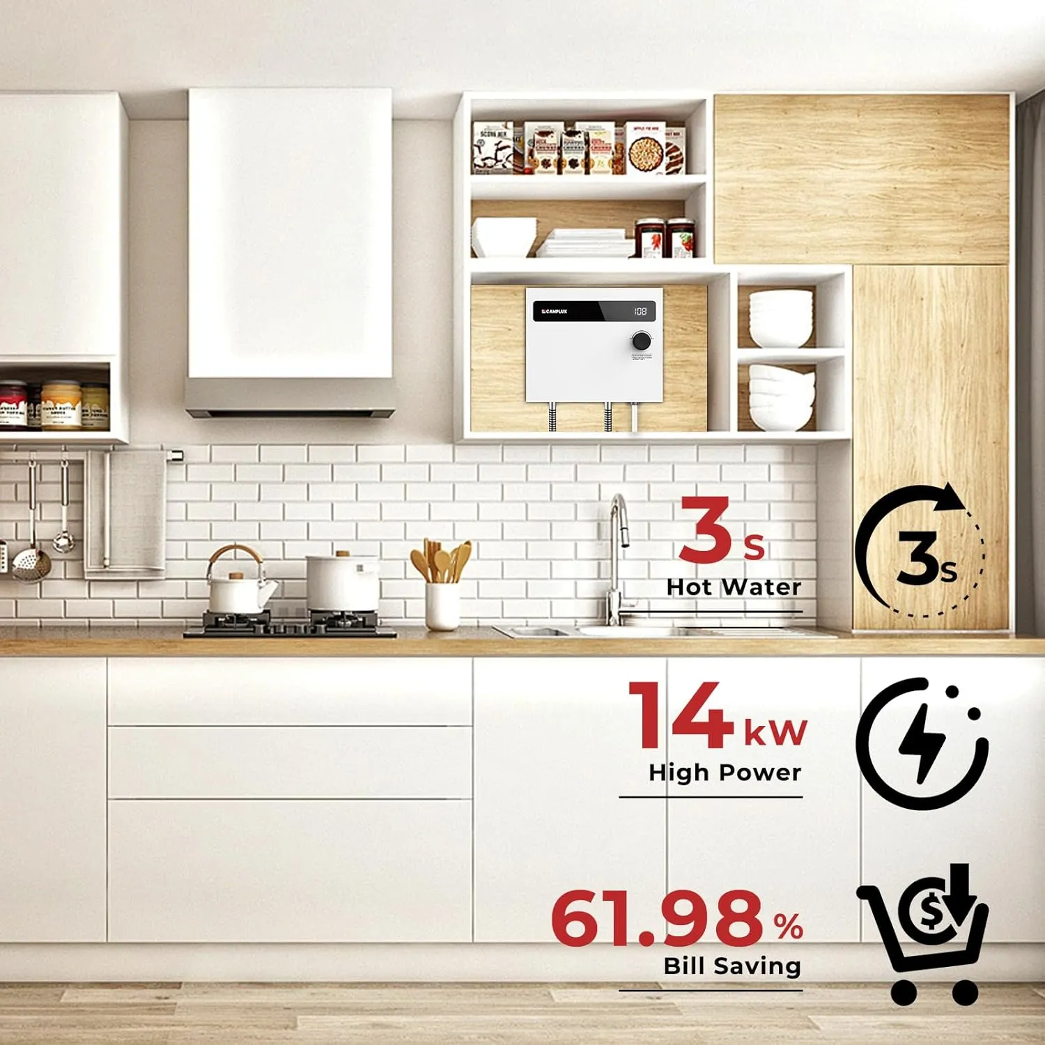 CAMPLUX Tankless Water Heater Electric 14kW 240 Volt, On Demand Instant Hot Water Heater with Self-Modulating Save Energy, Save Sapce, ETL Certificated, White