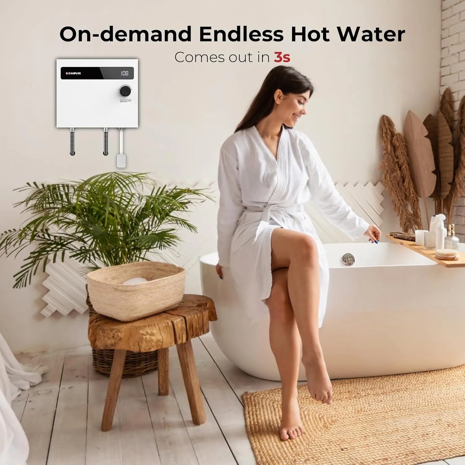 CAMPLUX Tankless Water Heater Electric 14kW 240 Volt, On Demand Instant Hot Water Heater with Self-Modulating Save Energy, Save Sapce, ETL Certificated, White
