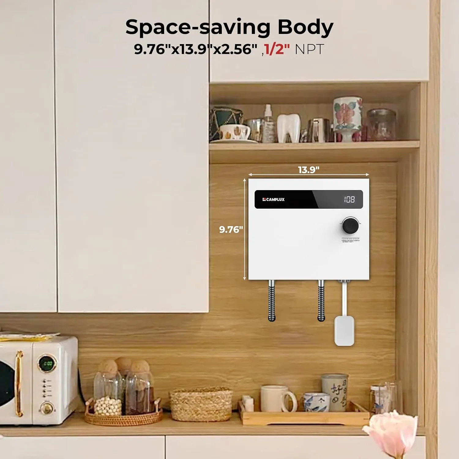 CAMPLUX Tankless Water Heater Electric 14kW 240 Volt, On Demand Instant Hot Water Heater with Self-Modulating Save Energy, Save Sapce, ETL Certificated, White