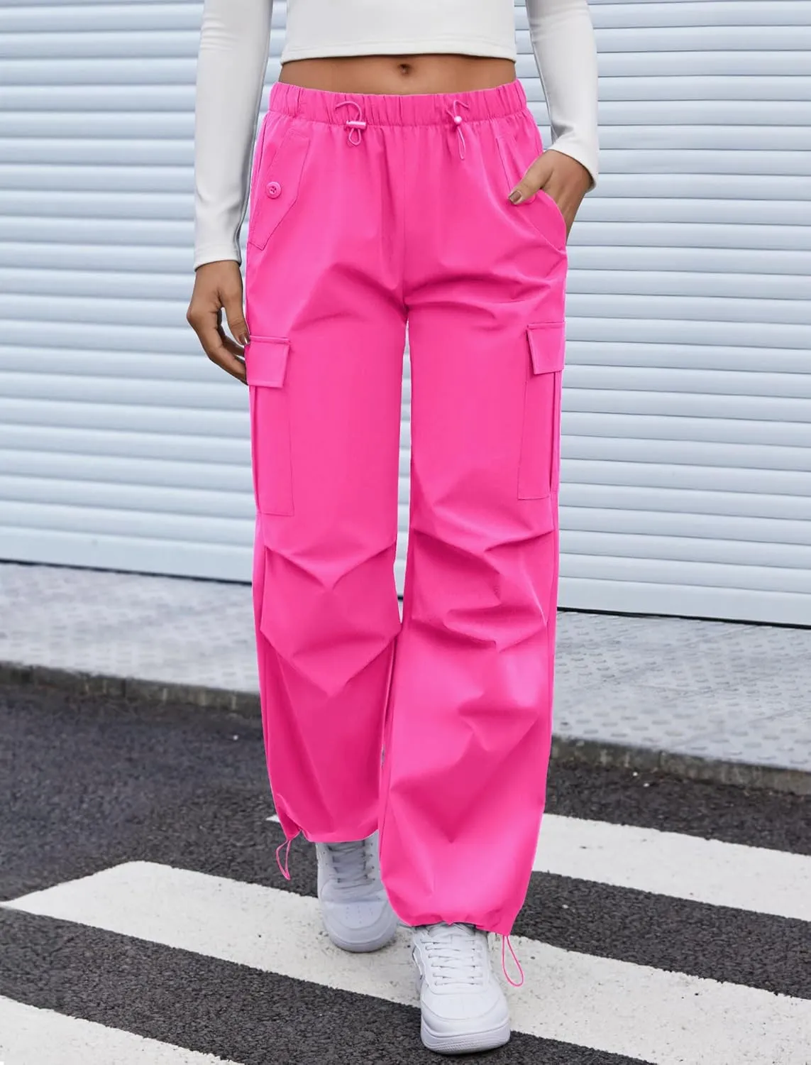 Cargo Pants Women Elastic Waisted Parachute Hiking Pants with Pockets Water-Resistant Lightweight Baggy Pants
