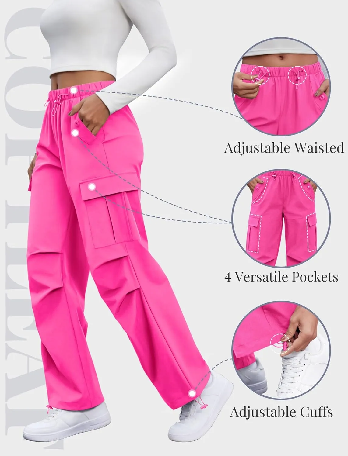 Cargo Pants Women Elastic Waisted Parachute Hiking Pants with Pockets Water-Resistant Lightweight Baggy Pants
