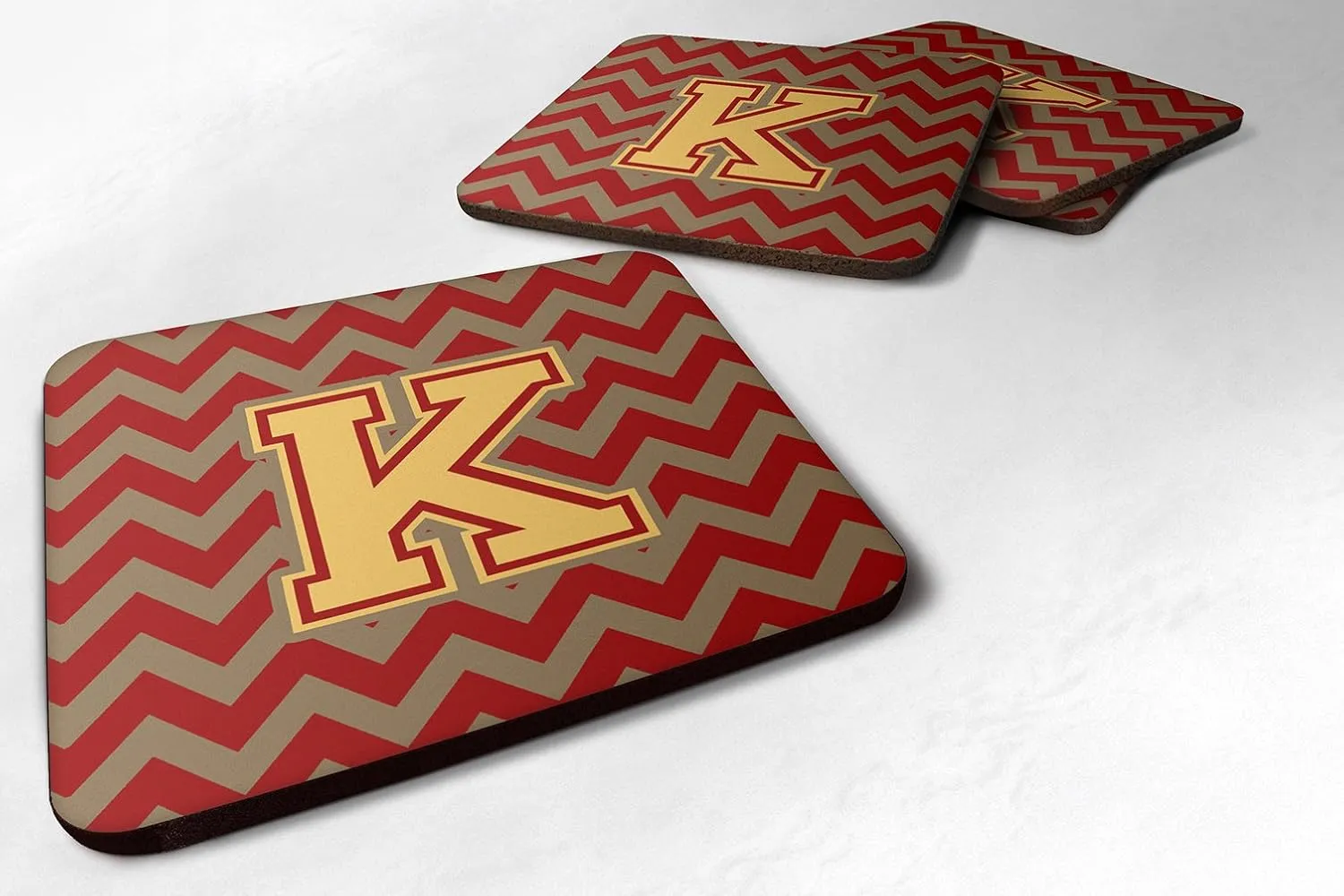 Caroline's Treasures CJ1048-KFC Letter K Chevron Garnet and Gold Foam Coaster Set of 4 Set of 4 Cup Coasters for Indoor Outdoor, Tabletop Protection, Anti Slip, Mouse pad Material
