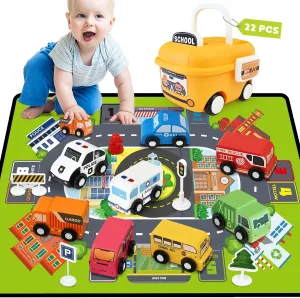Cartoon Truck Car Toys for Kids with 12pcs Traffic Signs, Playmat, Storage Box Wooden Cars for Toddlers 3-5, Kid Toys, Hand Push Cars for Kids 4-8