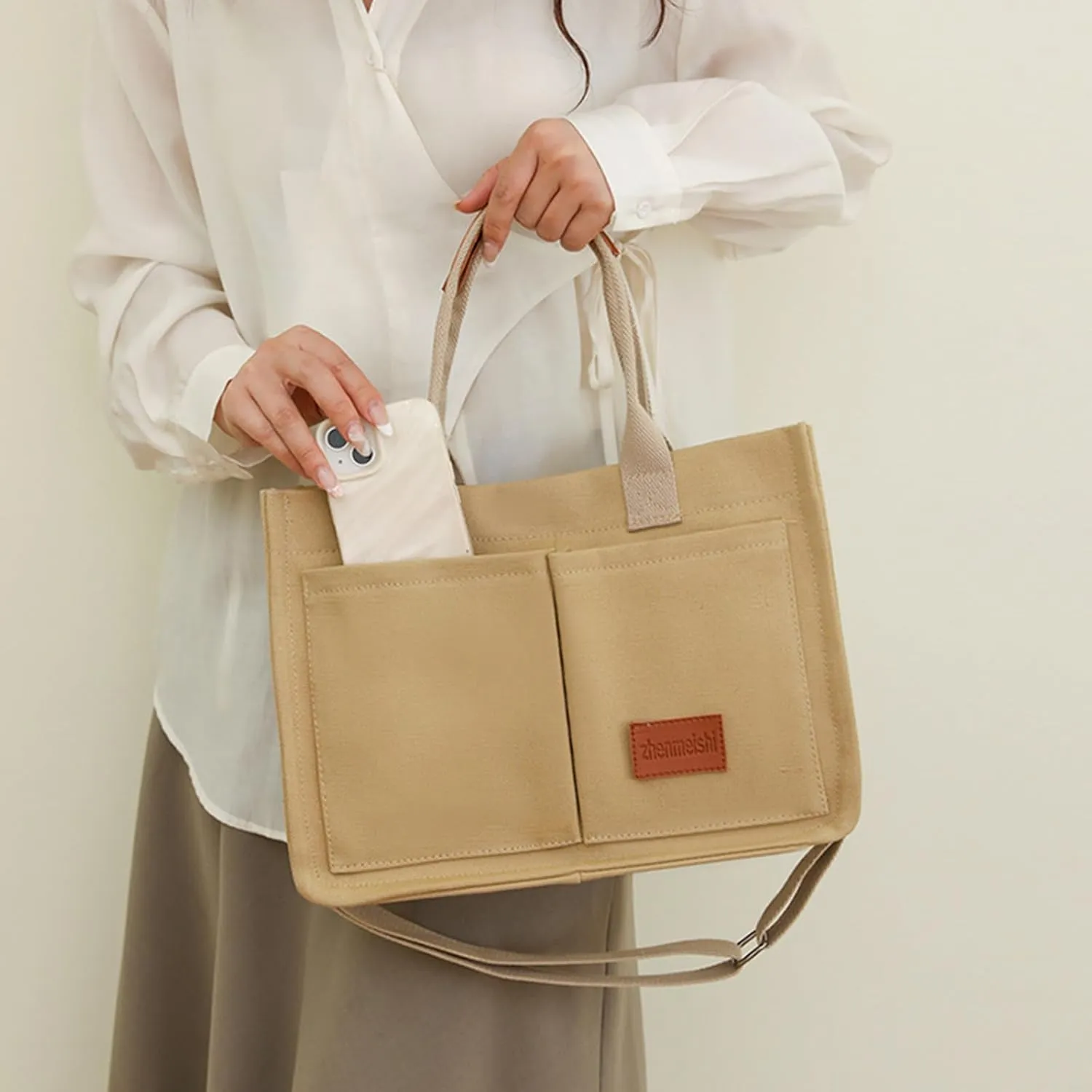 Cherry Tote Bag for Women Canvas Patched Purse Cute Shoulder Bag Multi-Pocket Satchel Handbag for work travel