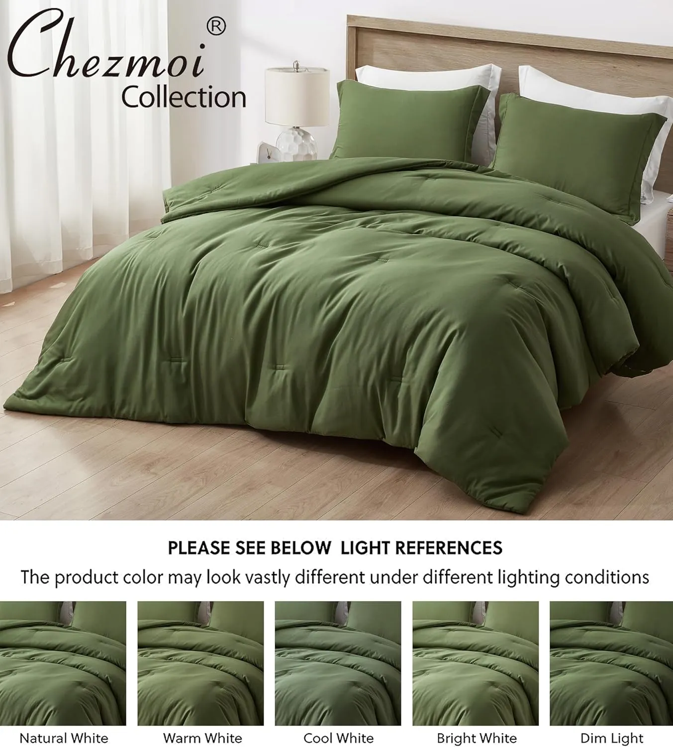 Chezmoi Collection Cliff 3-Piece Lightweight Cooling Comforter Set, Queen- Rayon Derived from Bamboo & Polyester Blended, Soft Breathable Bedding for Hot Sleepers, Olive Green