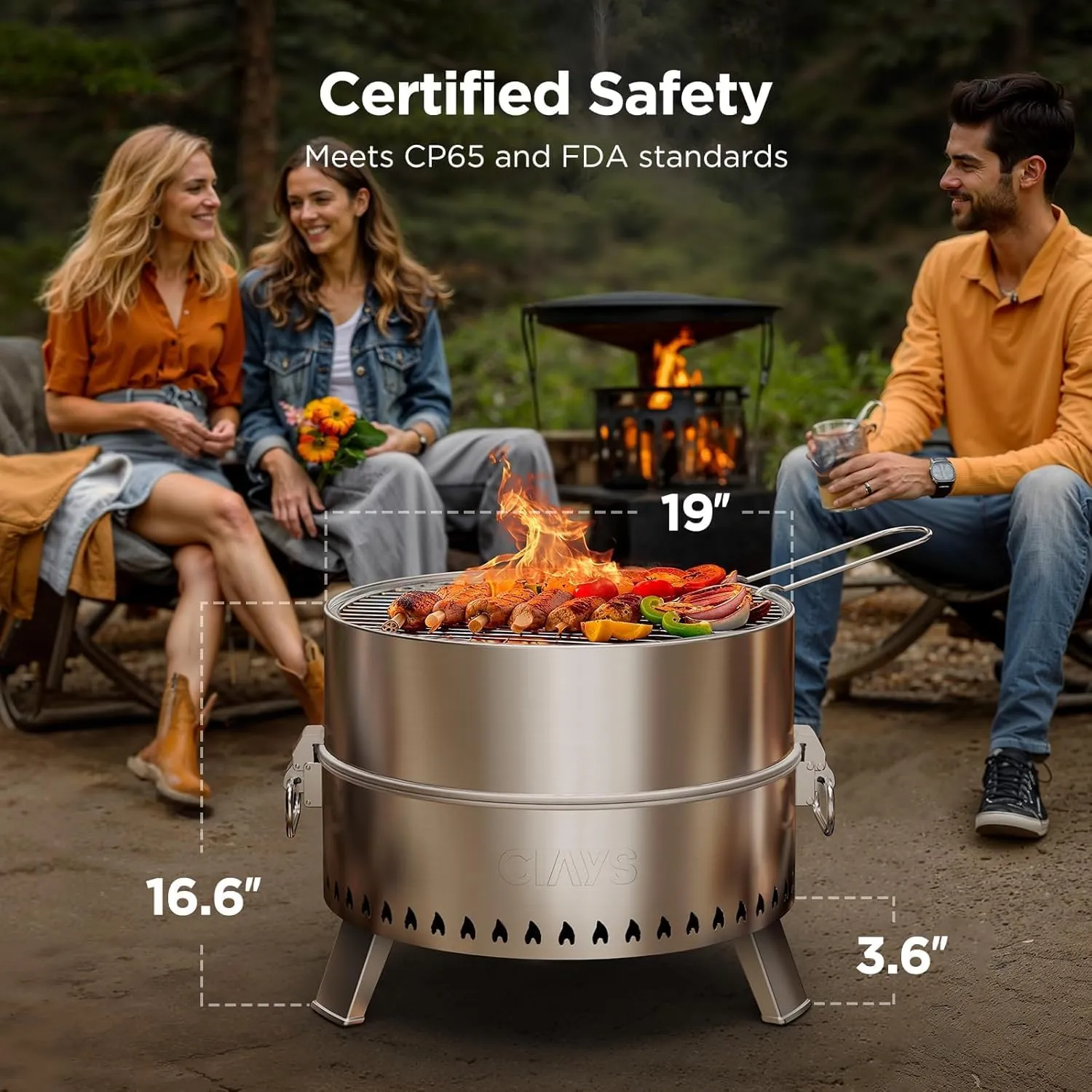 Ciays Smokeless Firepit, 18.5 Inch Fire Pit for Camping with Patented Technology, Portable Fire Pit for Outside with Steel Grill Rack, Fire Poker, and Bag, Easy Setup and Storage, Wood Burning