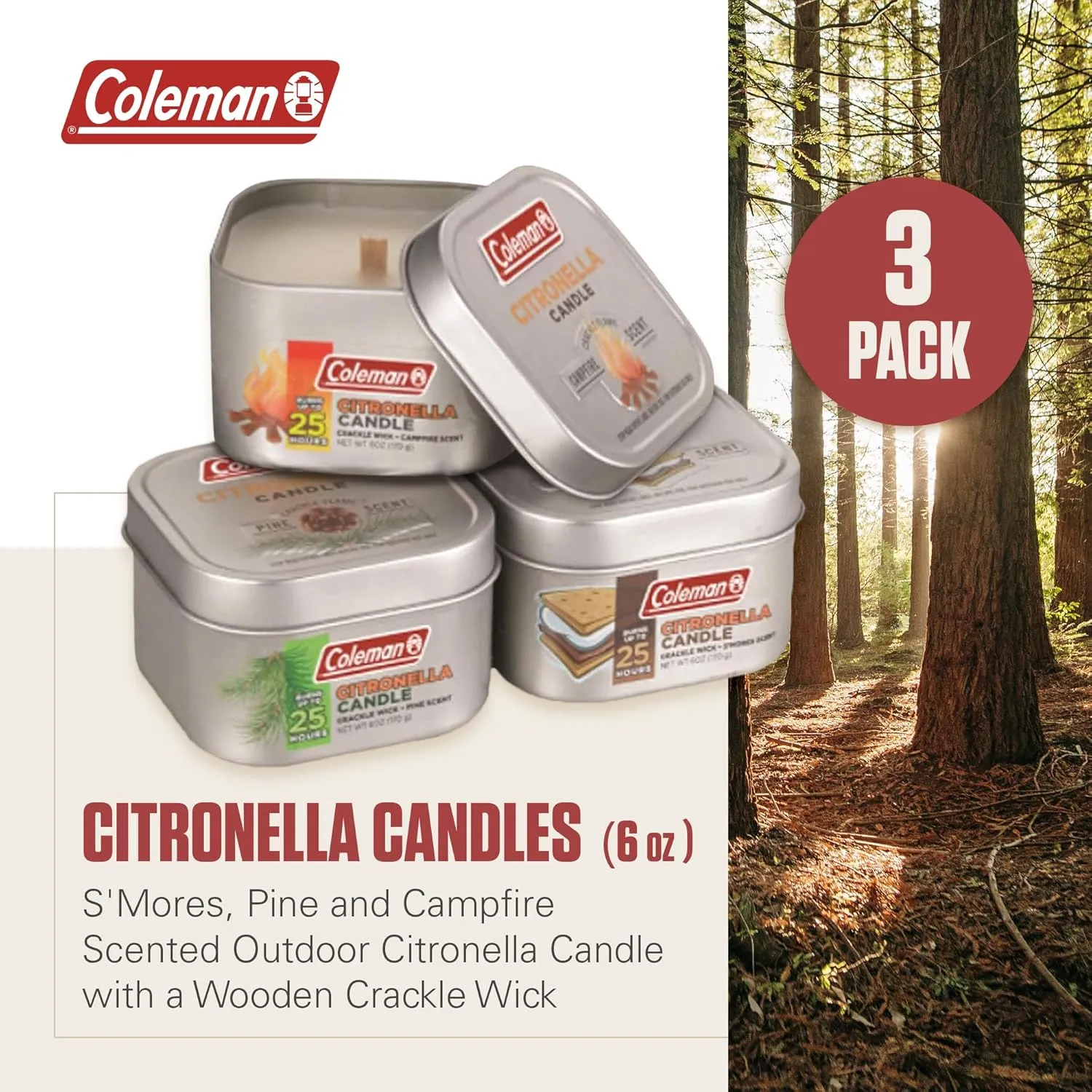Coleman Scented Tin Citronella Candle - 3 Pack, S'Mores, Pine and Campfire