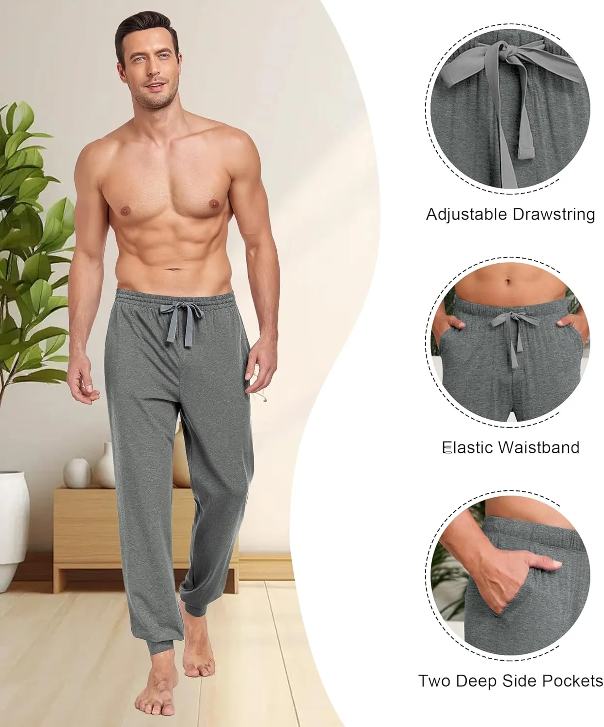 COLORFULLEAF Mens Cotton Pajama Pants Lightweight Jogger Pajama Bottoms Soft Lounge Pants with Pockets