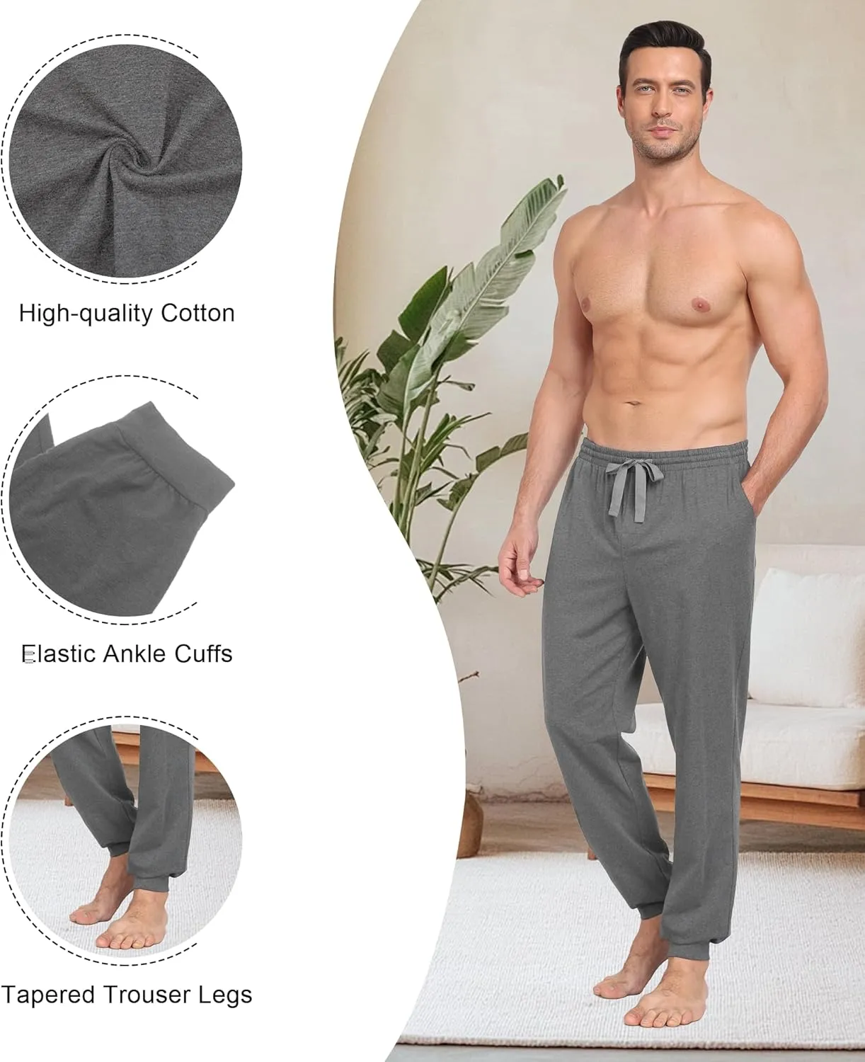 COLORFULLEAF Mens Cotton Pajama Pants Lightweight Jogger Pajama Bottoms Soft Lounge Pants with Pockets