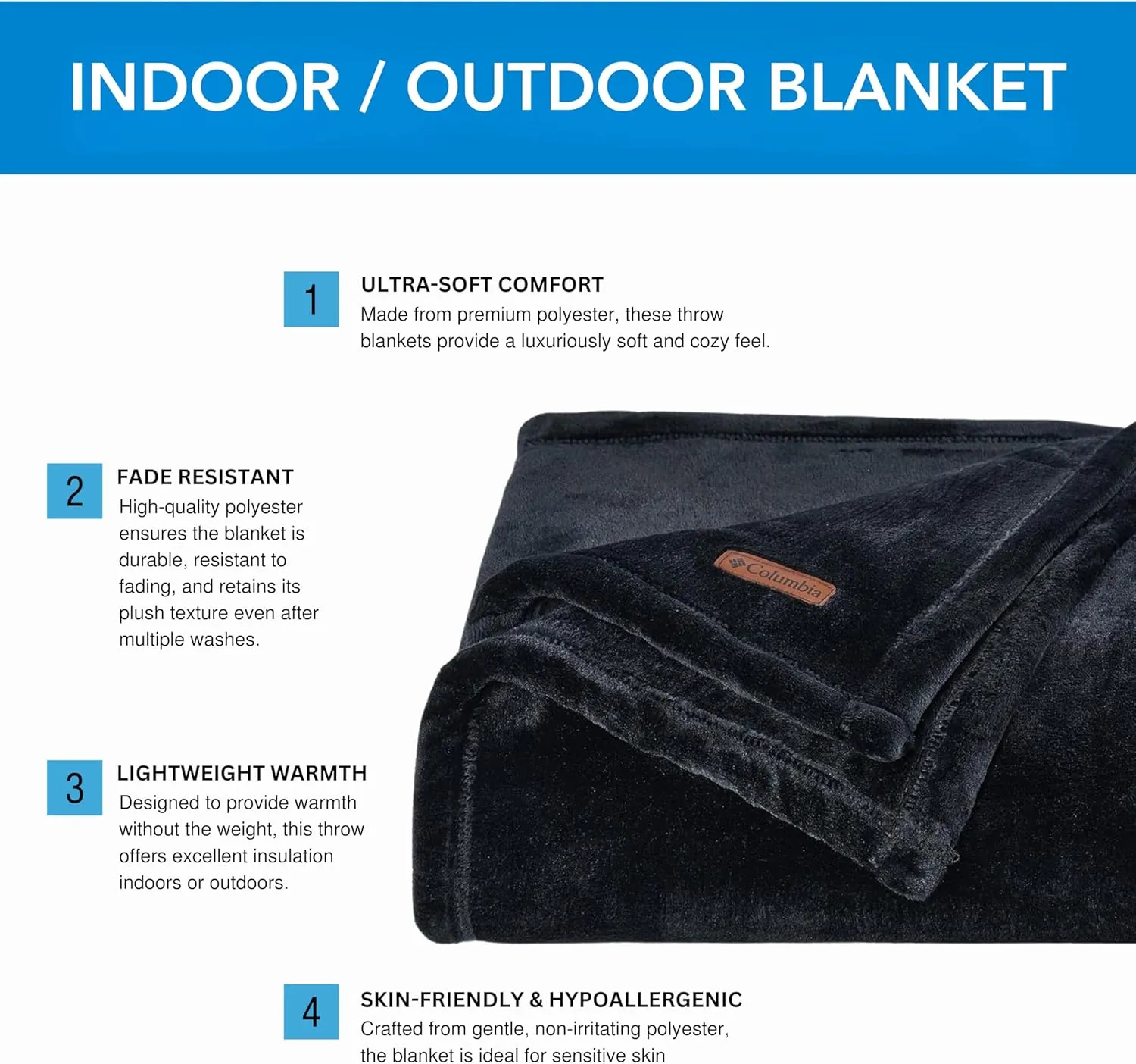 Columbia 50" x 60" Super Plush Lightweight Throw Blanket - Outdoor Essentials for Camping, Picnics, and Adventures, Soft and Cozy Home Essentials for Bed and Living Room - Black