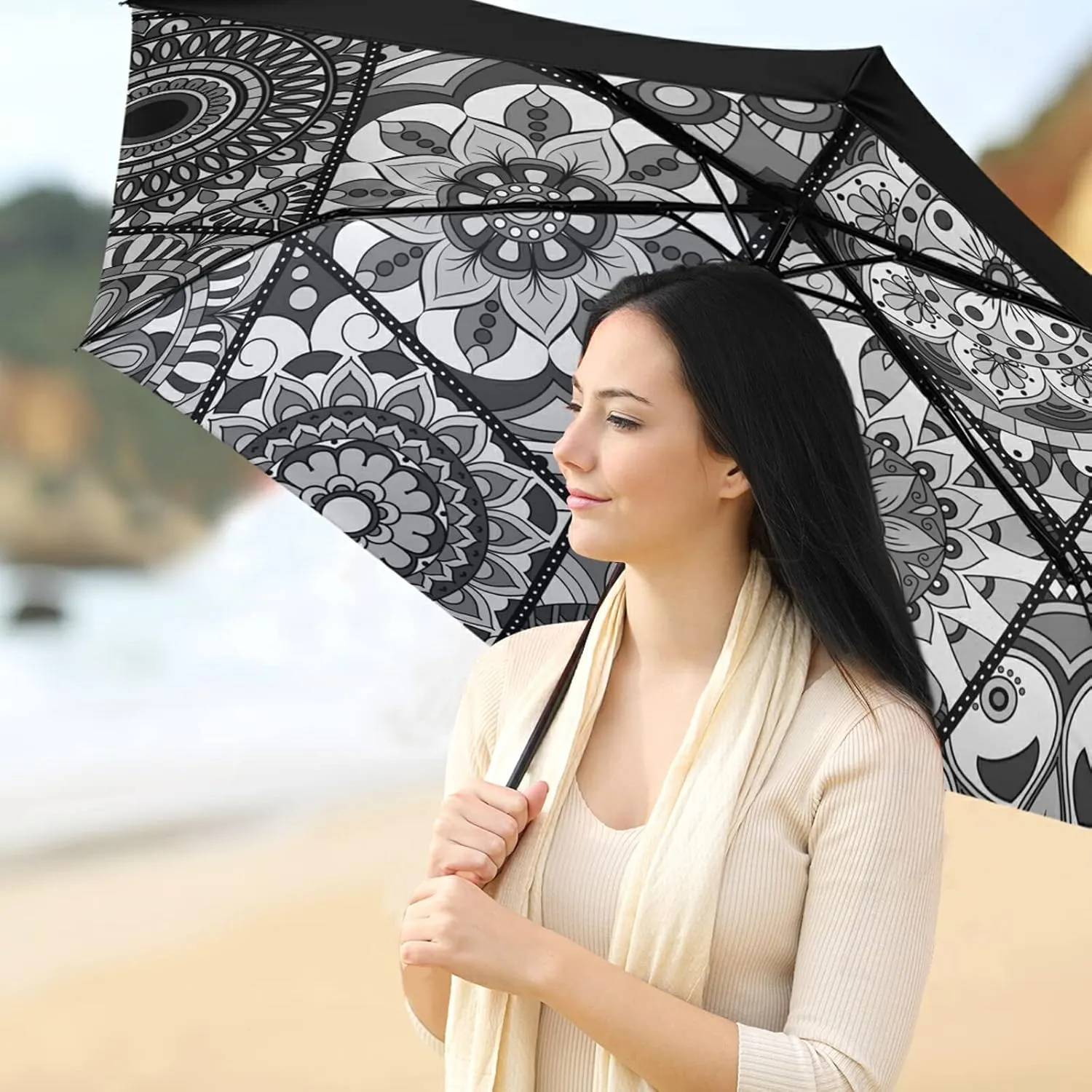 Compact Lightweight Folding Umbrella, Inner Print Sun Parasol with UV Protection, Strong Portable Travel Rain Umbrella