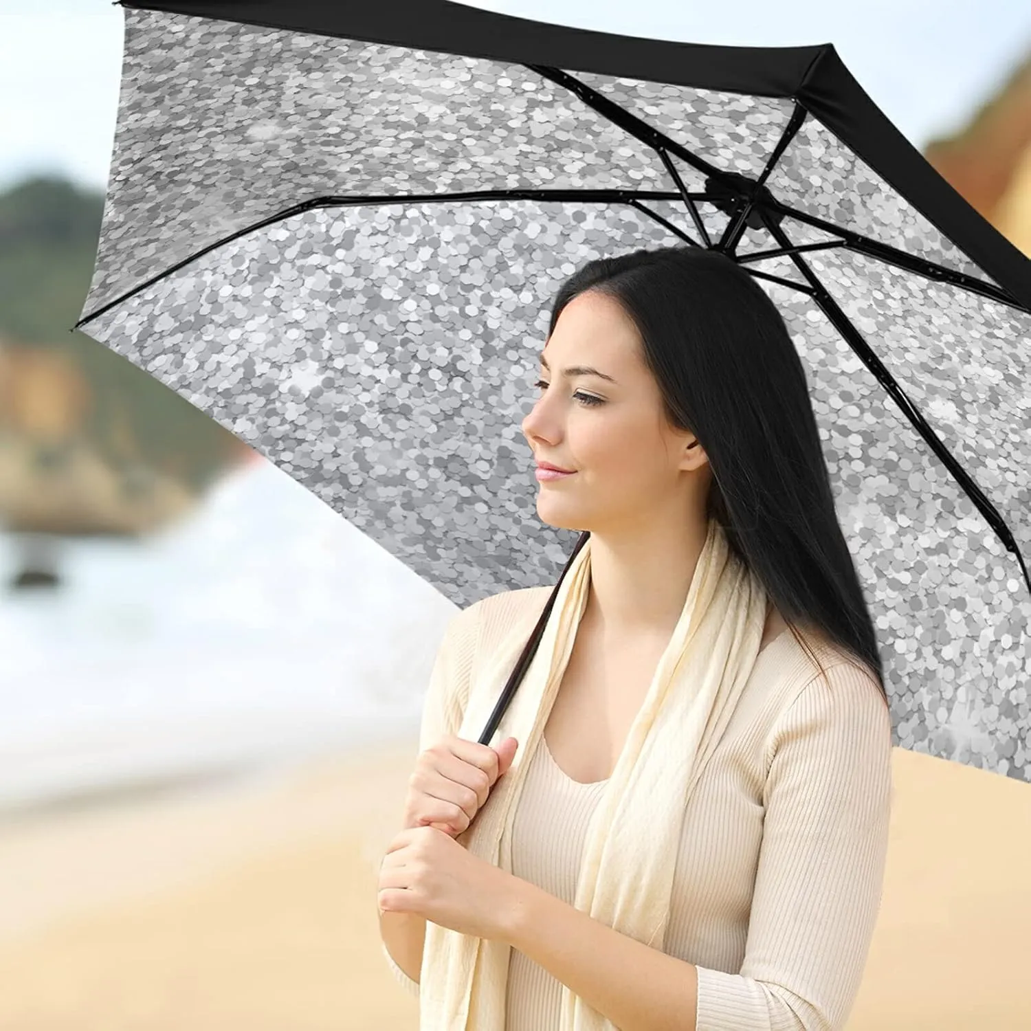 Compact Lightweight Folding Umbrella, Inner Print Sun Parasol with UV Protection, Strong Portable Travel Rain Umbrella