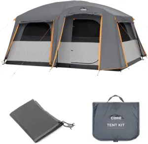 CORE 10 Person Straight Wall Cabin Tent with Full Rainfly with Footprint and Tent Kit