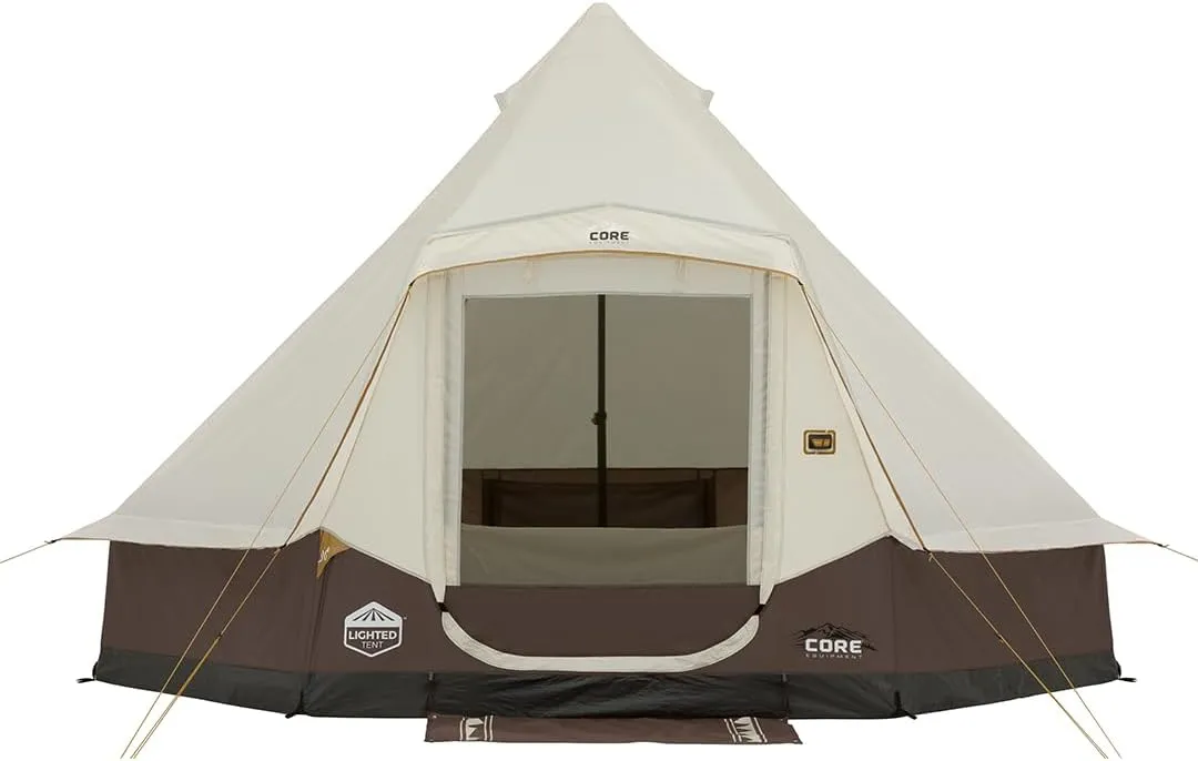 CORE 6 Person Bell Tent with LED Lights | Spacious Family Lighted Tent with Carry Bag for Camping, Glamping, and Backyard Adventures