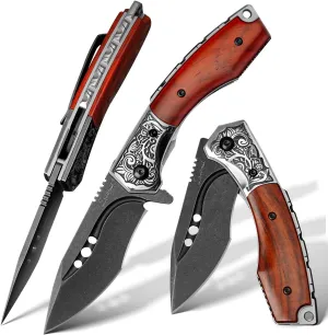 CPM-S35VN Men's Pocket Folding Knife, Rosewood Handle, High Hardness, Suitable for Outdoor Adventures and Camping, Comes with Leather Cover and Pocket Clip