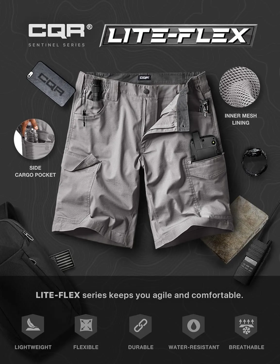 CQR Men's Flex Casual Cargo Shorts, Lightweight Water Resistant Golf Shorts, Stretch Tactical Work Shorts with Multi-Pocket