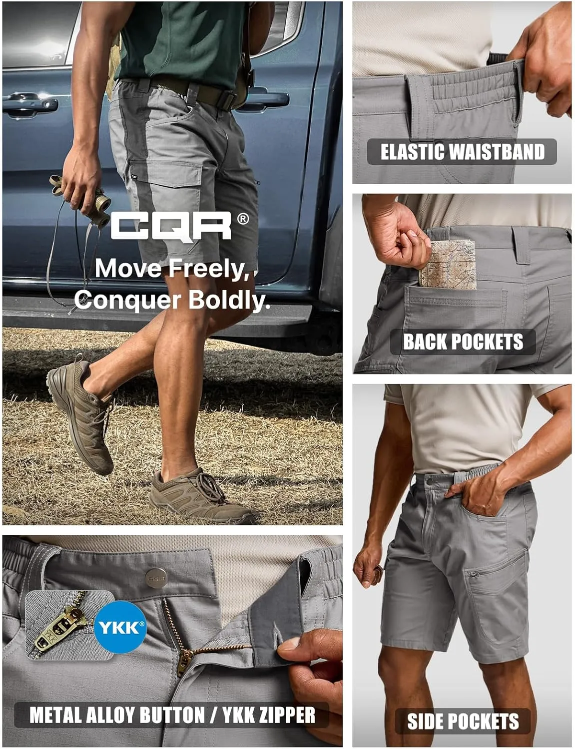 CQR Men's Flex Casual Cargo Shorts, Lightweight Water Resistant Golf Shorts, Stretch Tactical Work Shorts with Multi-Pocket