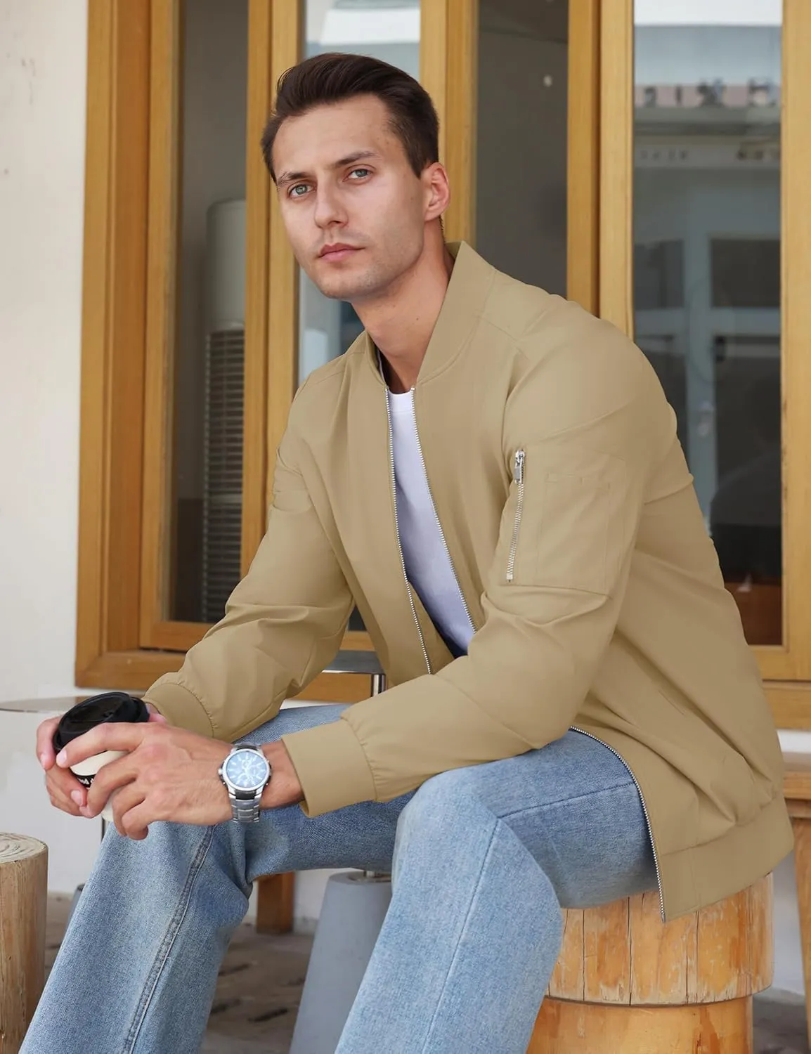 CRYSULLY Men's Bomber Jacket Lightweight Spring Fall Casual Windbreaker Full Zip Outwear Coat