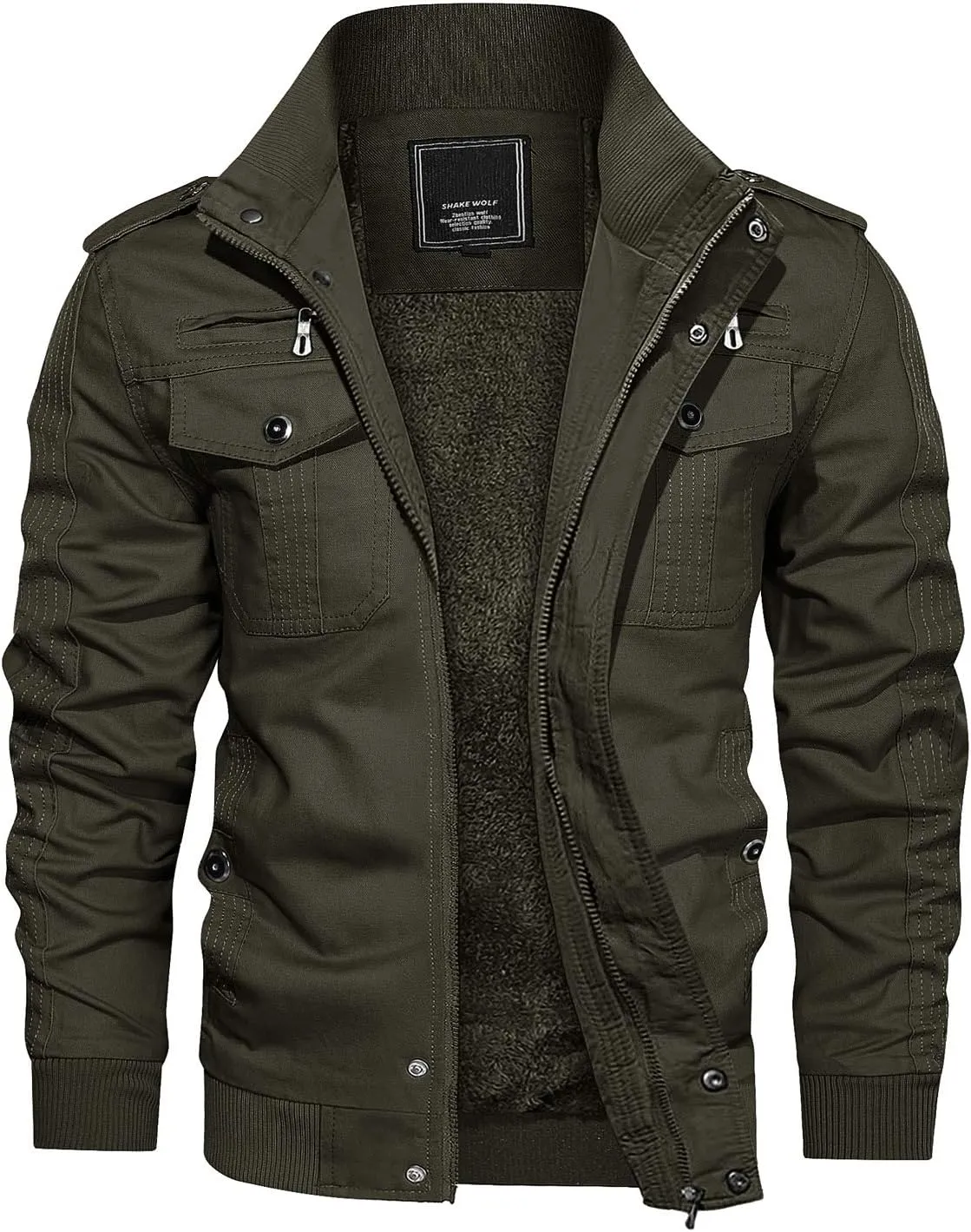 CRYSULLY Men's Winter Casual Thicken Multi Pocket Field Jacket Outwear Fleece Cargo Jackets Coat