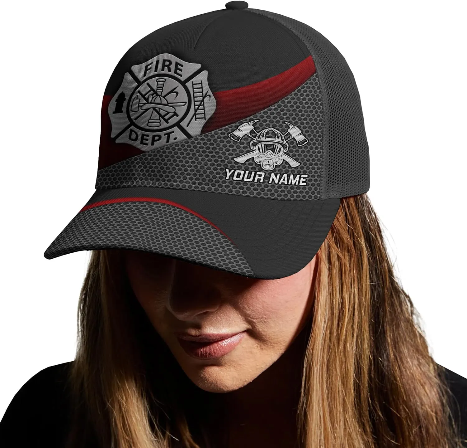 Customize Fire Department Badge Trucker Hat with Mesh Back Comfortable Firefighter Themed Meshback Caps Gift for Firemen