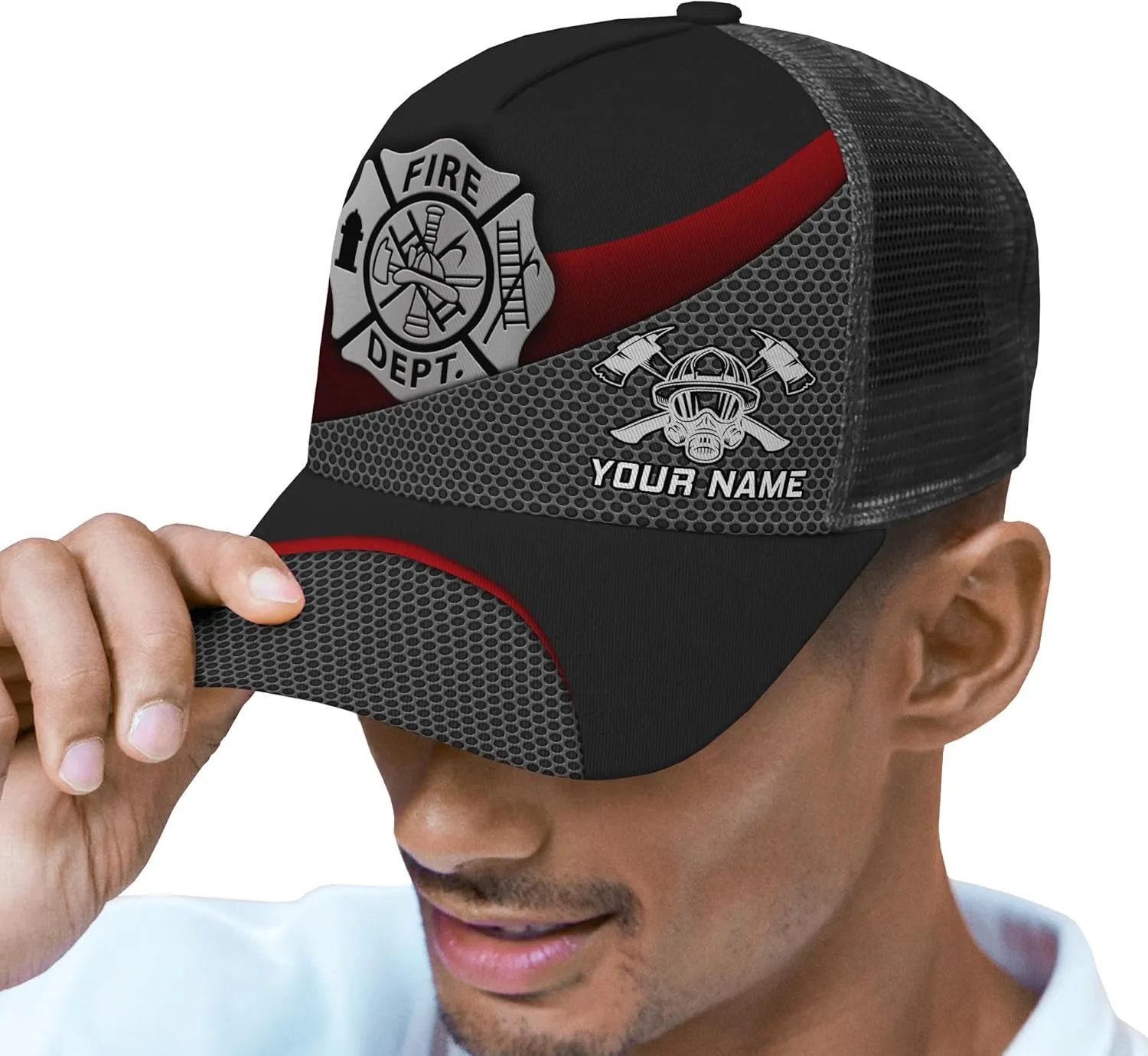 Customize Fire Department Badge Trucker Hat with Mesh Back Comfortable Firefighter Themed Meshback Caps Gift for Firemen