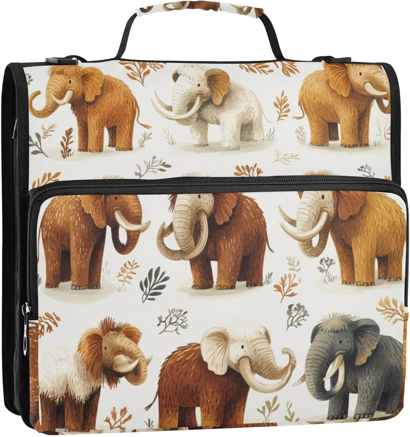 Cute Mammoths Cartoon Zipper Binder Bag, 1.5 inch 3 Ring Binder File Organizer Box with Shoulder Strap, Multi-Pocket, 500 Sheet Capacity