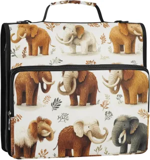 Cute Mammoths Cartoon Zipper Binder Bag, 1.5 inch 3 Ring Binder File Organizer Box with Shoulder Strap, Multi-Pocket, 500 Sheet Capacity