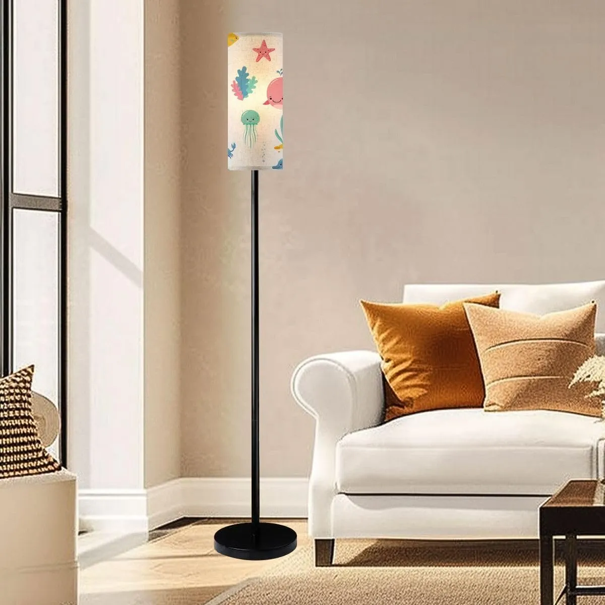 Cute sea ocean cartoon animals fishes Seamless pattern underwater Modern Floor Lamp Minimalist Standing Lamps for Living Room LED Corner Lamp Remote Control Metal Pole Lamp for Bedroom, Reading