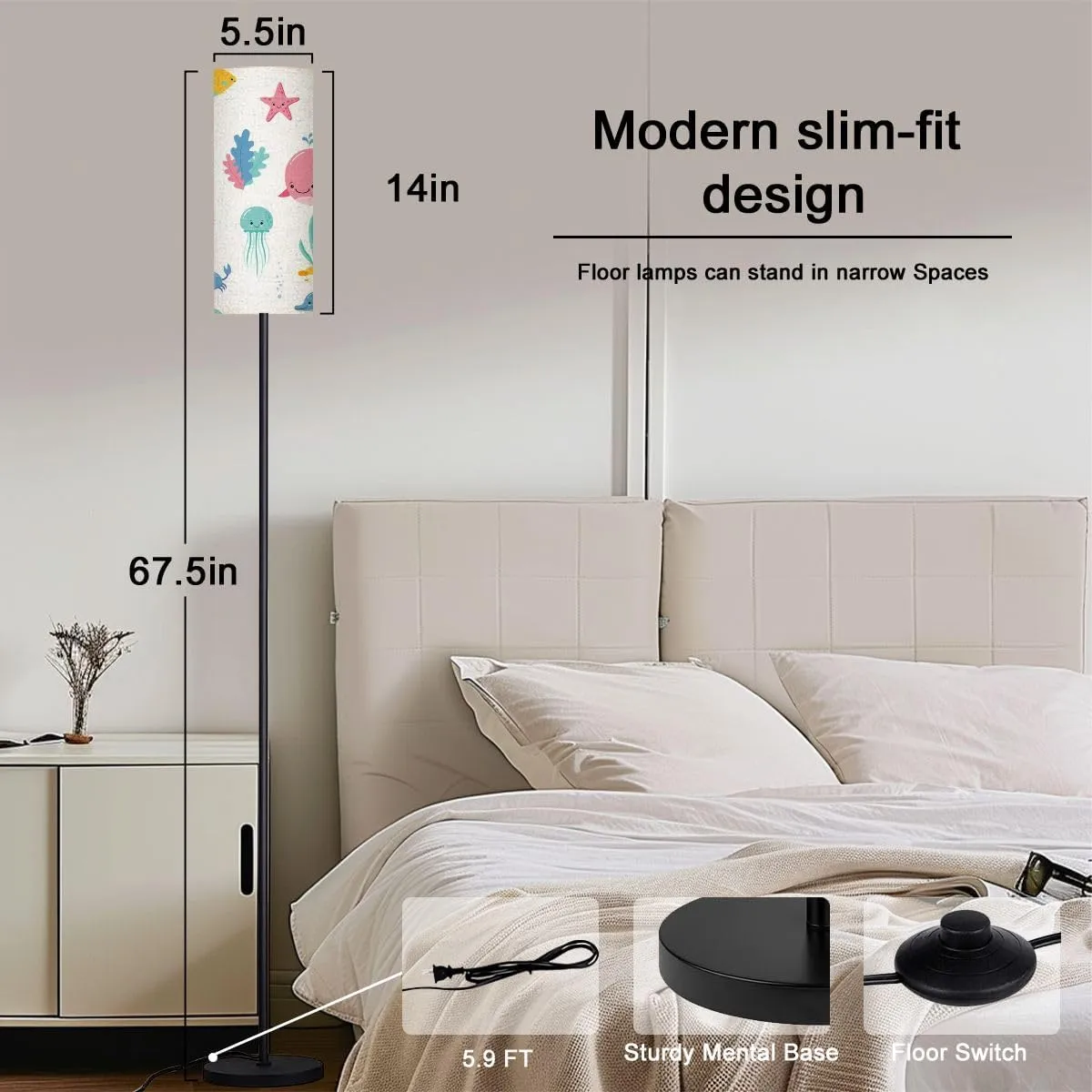 Cute sea ocean cartoon animals fishes Seamless pattern underwater Modern Floor Lamp Minimalist Standing Lamps for Living Room LED Corner Lamp Remote Control Metal Pole Lamp for Bedroom, Reading