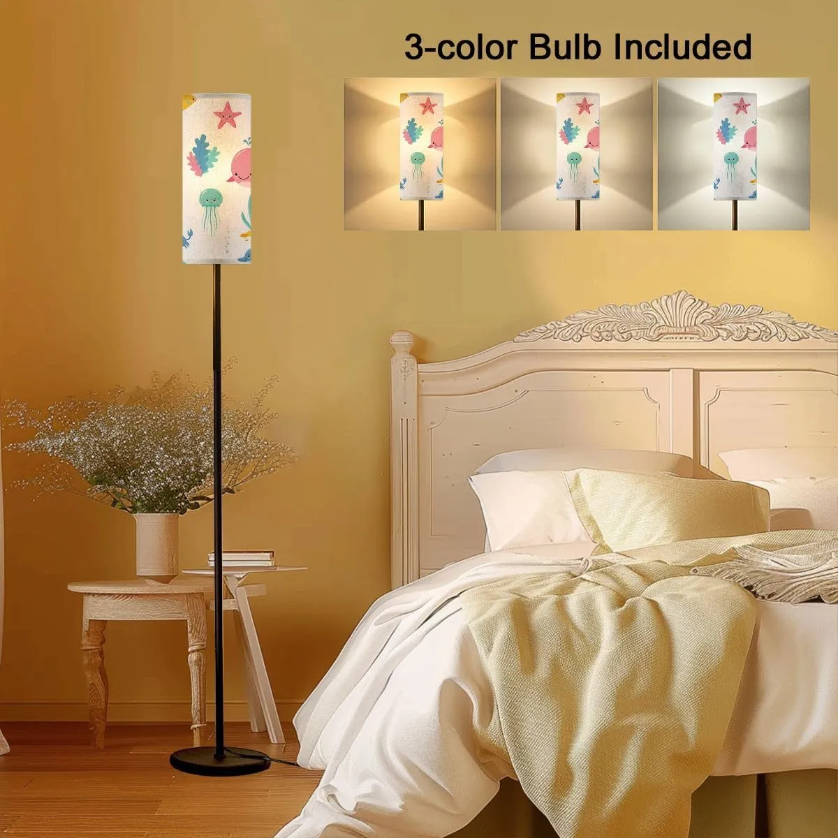 Cute sea ocean cartoon animals fishes Seamless pattern underwater Modern Floor Lamp Minimalist Standing Lamps for Living Room LED Corner Lamp Remote Control Metal Pole Lamp for Bedroom, Reading