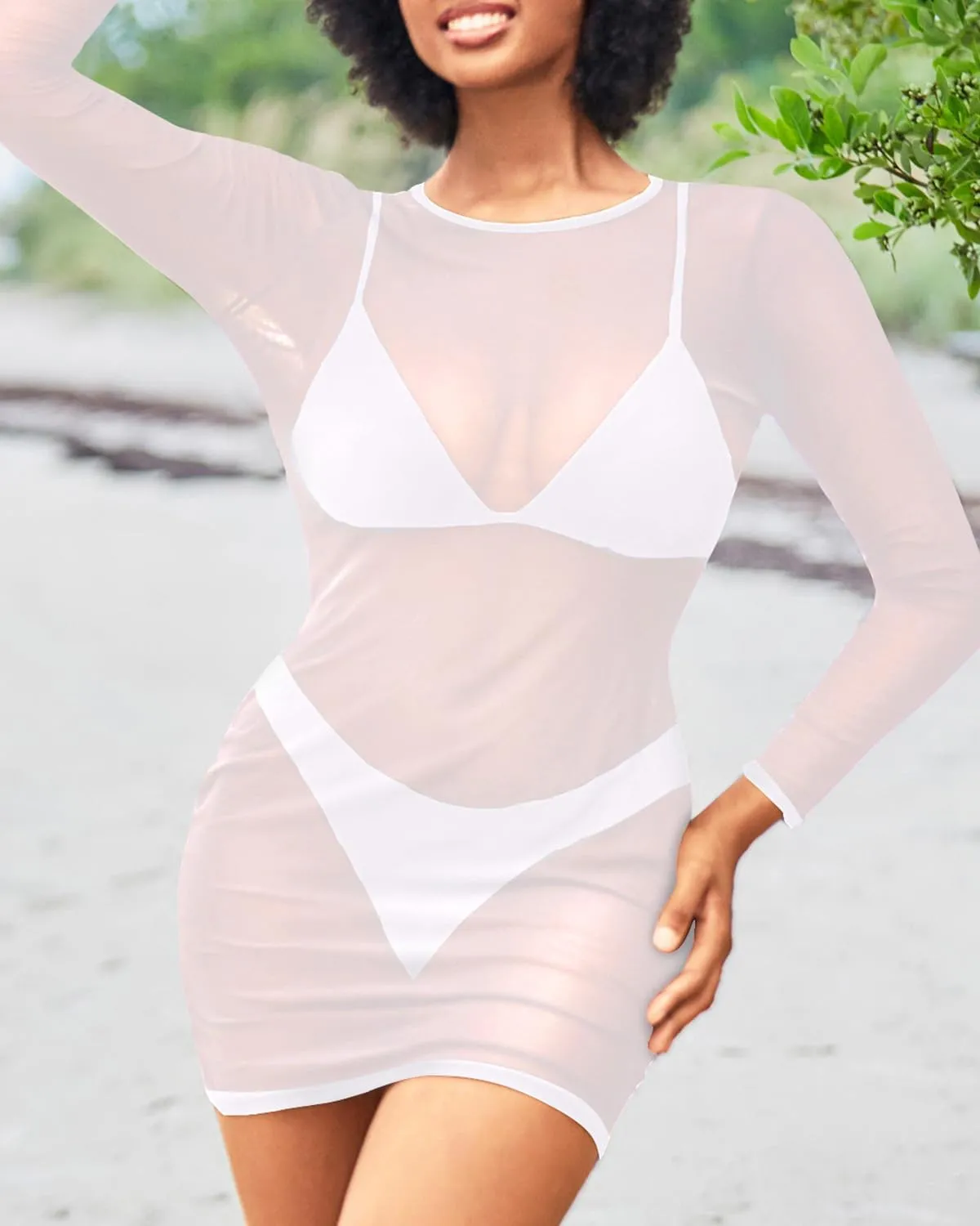 Daci Women's Sexy Sheer Mesh Swimsuit Cover up with Long Sleeves Beach Dress Bodycon Style