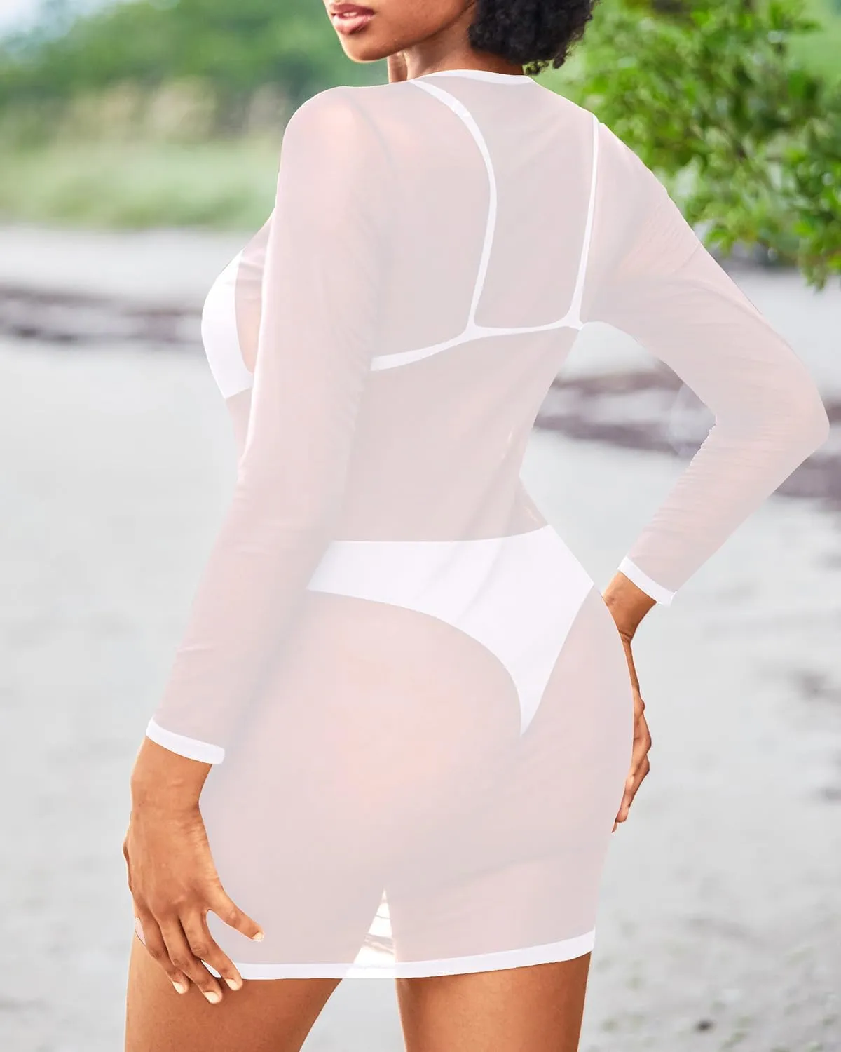 Daci Women's Sexy Sheer Mesh Swimsuit Cover up with Long Sleeves Beach Dress Bodycon Style