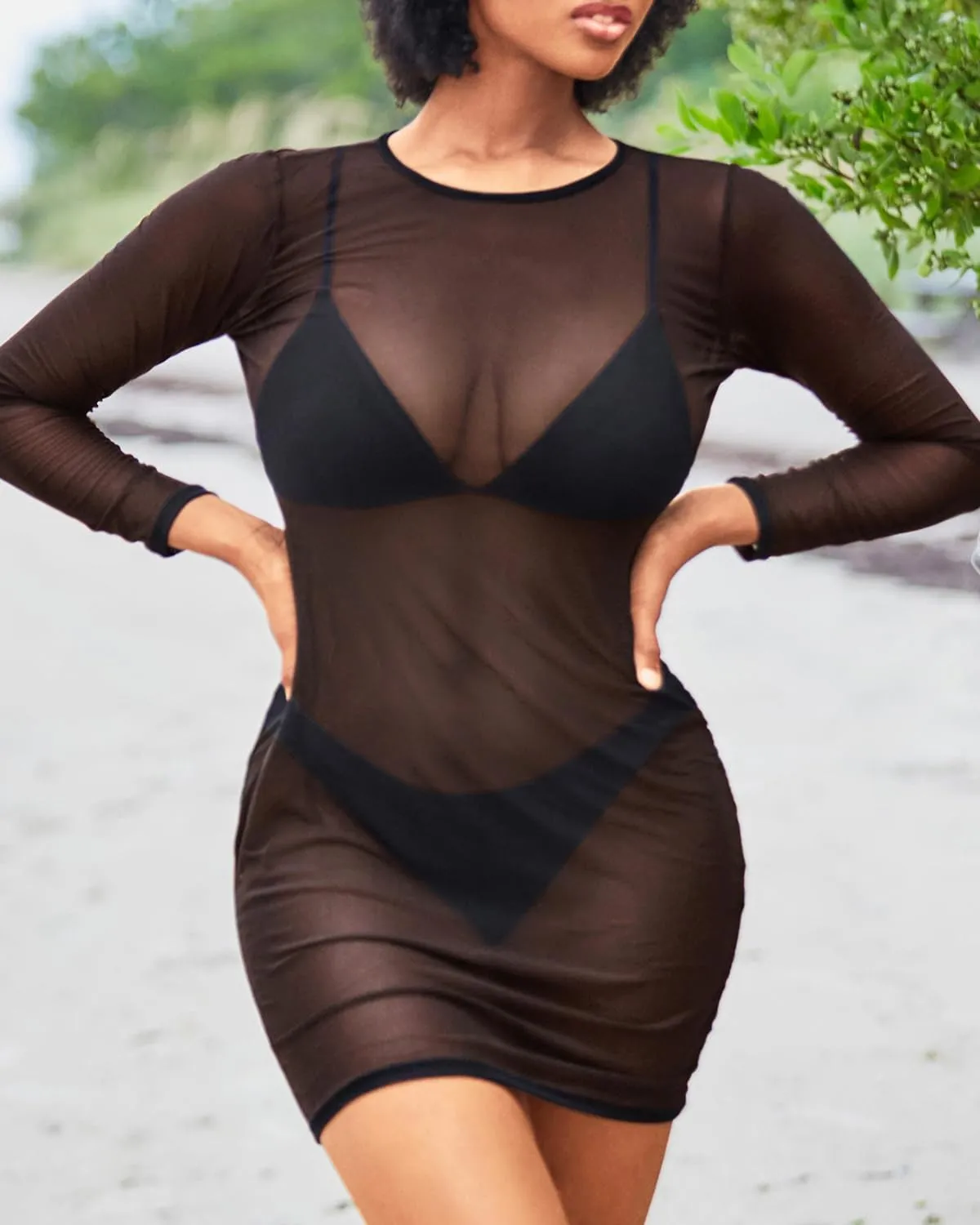 Daci Women's Sexy Sheer Mesh Swimsuit Cover up with Long Sleeves Beach Dress Bodycon Style