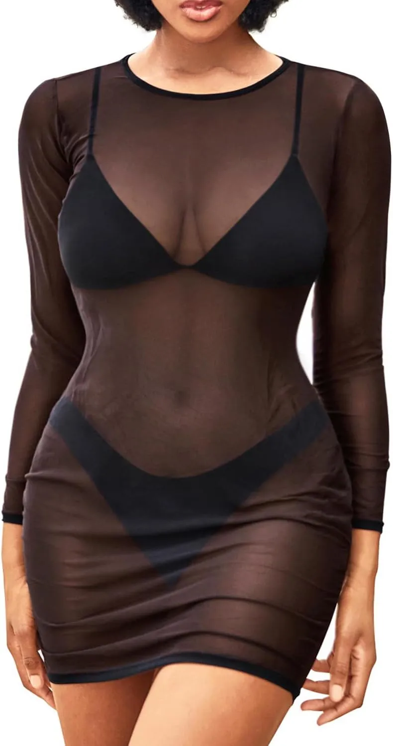 Daci Women's Sexy Sheer Mesh Swimsuit Cover up with Long Sleeves Beach Dress Bodycon Style