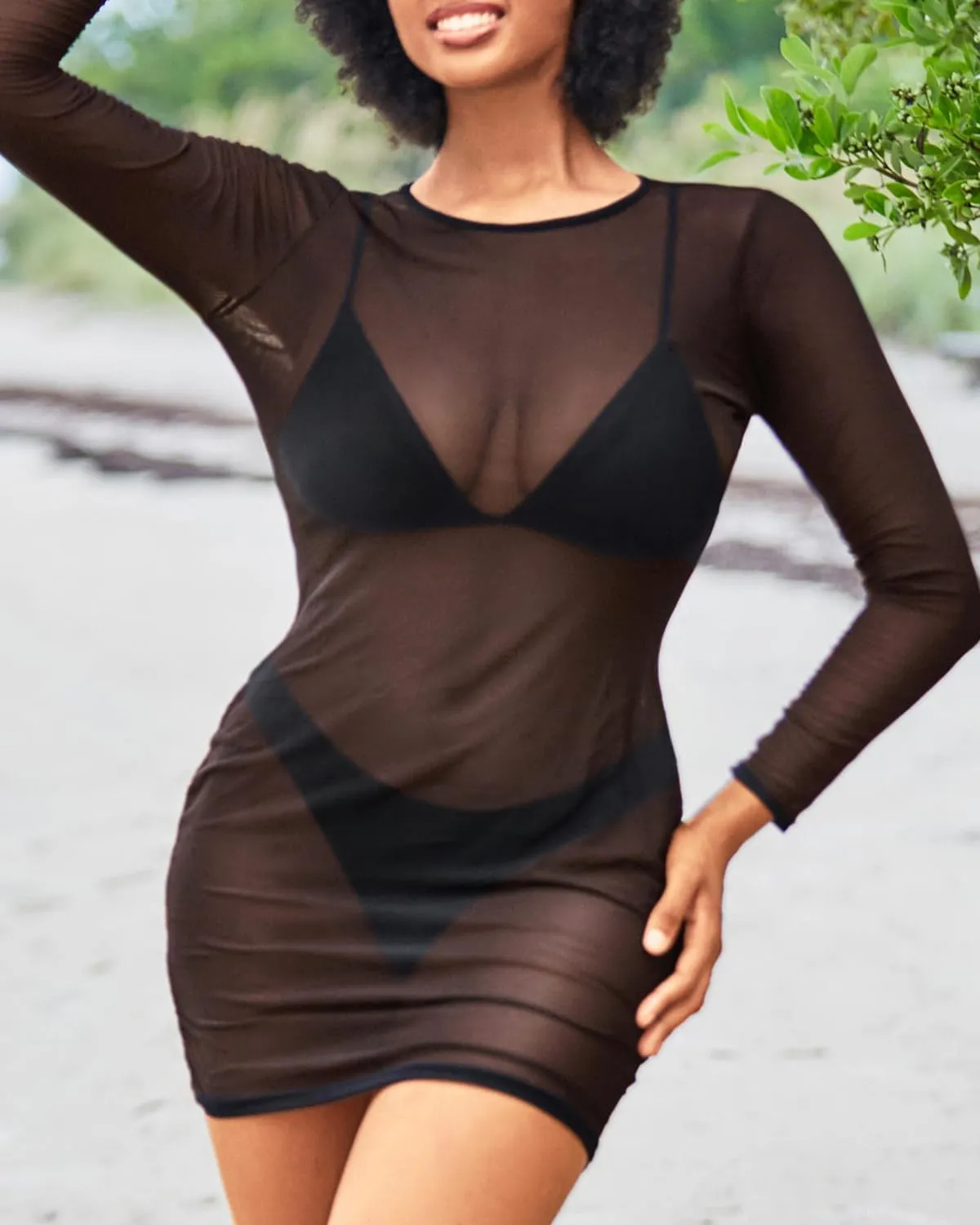 Daci Women's Sexy Sheer Mesh Swimsuit Cover up with Long Sleeves Beach Dress Bodycon Style