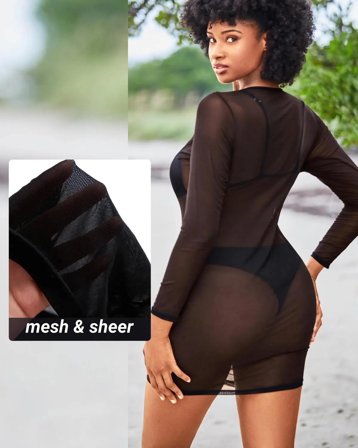 Daci Women's Sexy Sheer Mesh Swimsuit Cover up with Long Sleeves Beach Dress Bodycon Style