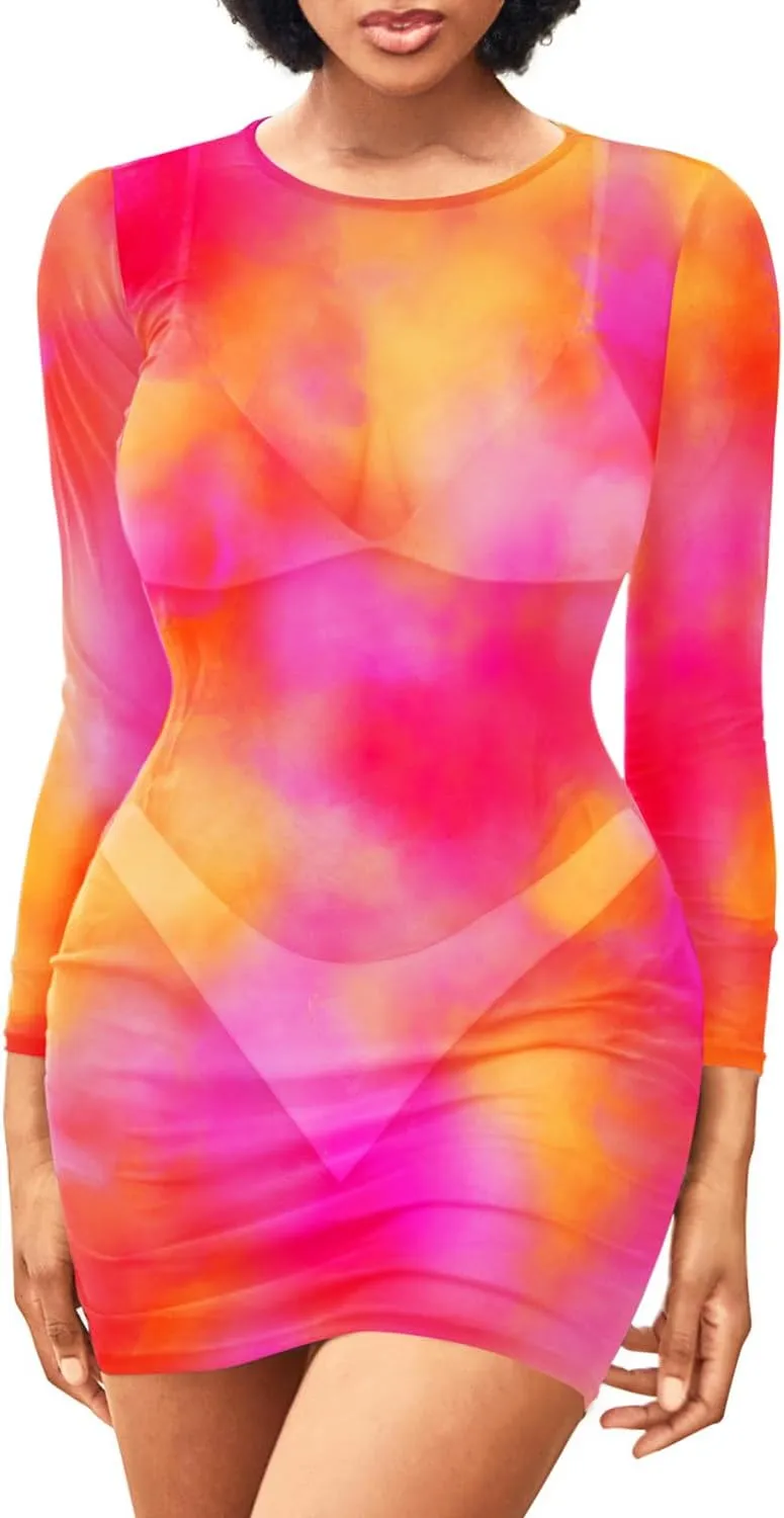 Daci Women's Sexy Sheer Mesh Swimsuit Cover up with Long Sleeves Beach Dress Bodycon Style