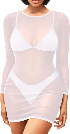 Daci Women's Sexy Sheer Mesh Swimsuit Cover up with Long Sleeves Beach Dress Bodycon Style