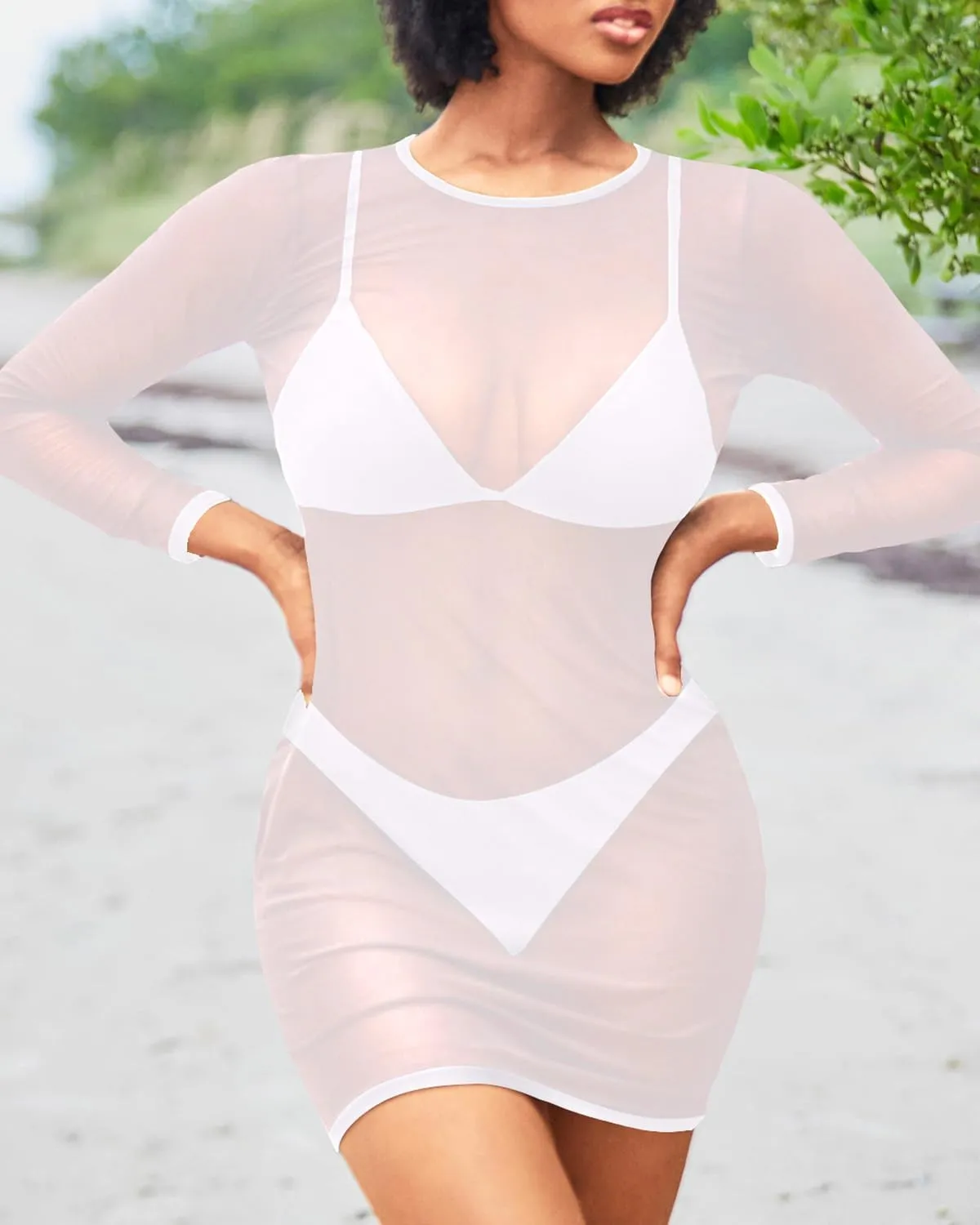 Daci Women's Sexy Sheer Mesh Swimsuit Cover up with Long Sleeves Beach Dress Bodycon Style