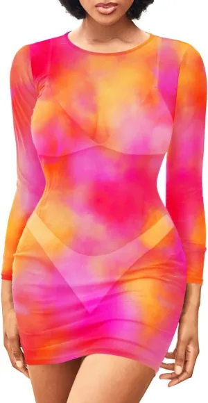 Daci Women's Sexy Sheer Mesh Swimsuit Cover up with Long Sleeves Beach Dress Bodycon Style