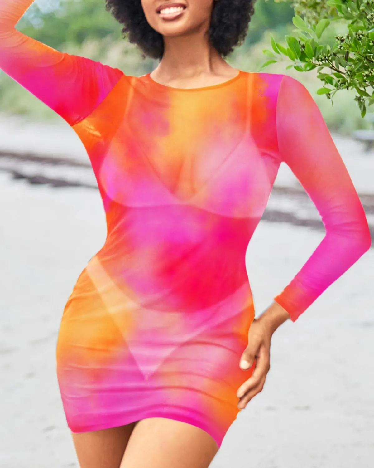 Daci Women's Sexy Sheer Mesh Swimsuit Cover up with Long Sleeves Beach Dress Bodycon Style